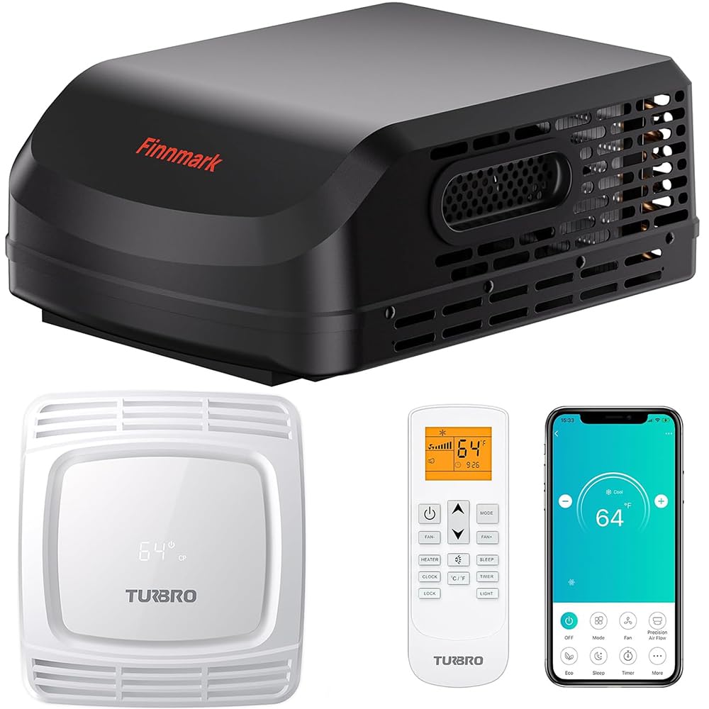 TURBRO  Finnmark 15000 BTU RV Air Conditioner with Heater WiFi and Remote Control Non Ducted Rooftop AC 115V LED Mood Light for Campers Trailers Food Trucks Quiet Operation Black Heating and Cooling Climate Control System