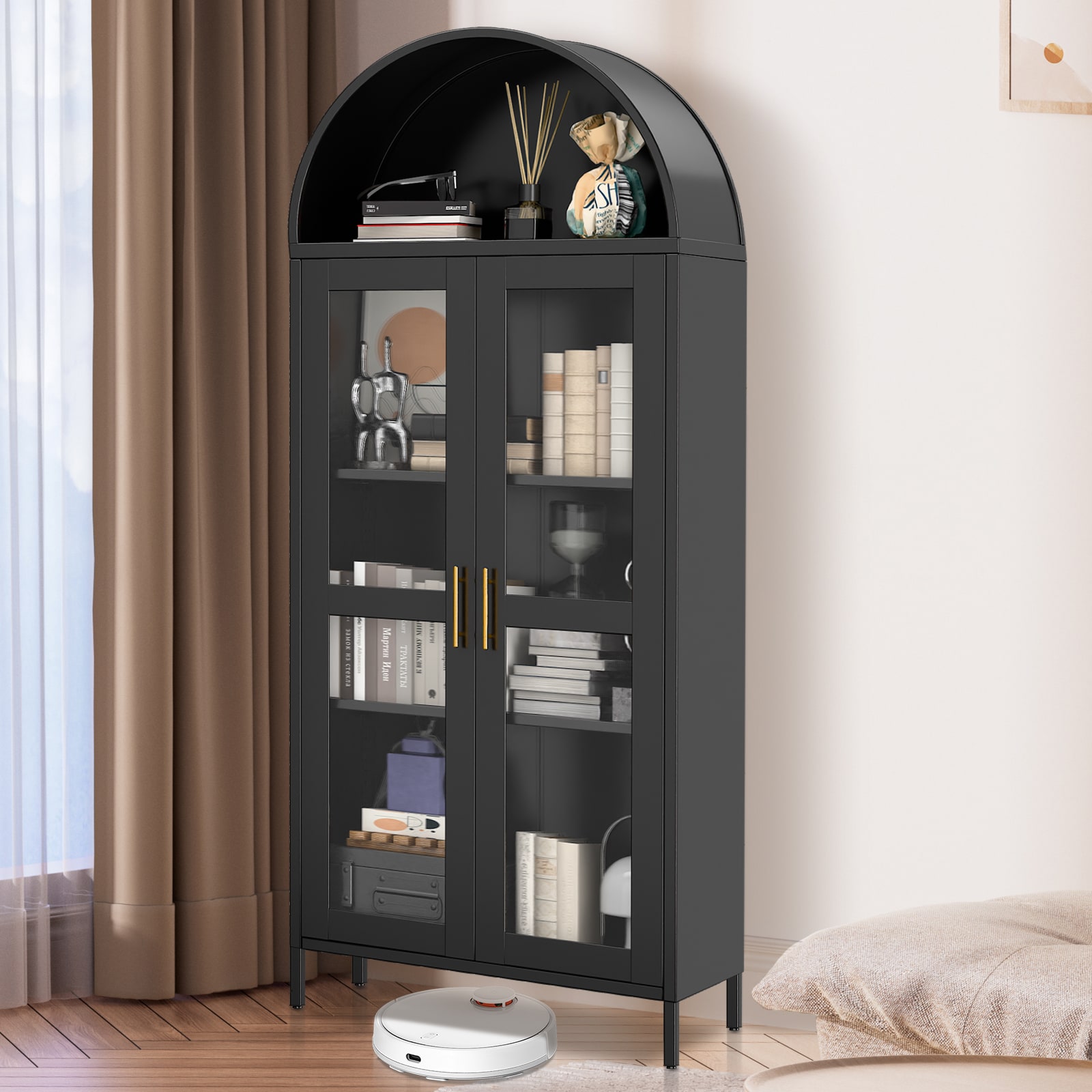 DEXSO Arched Metal Storage Cabinet Glass Doors 73 Inch