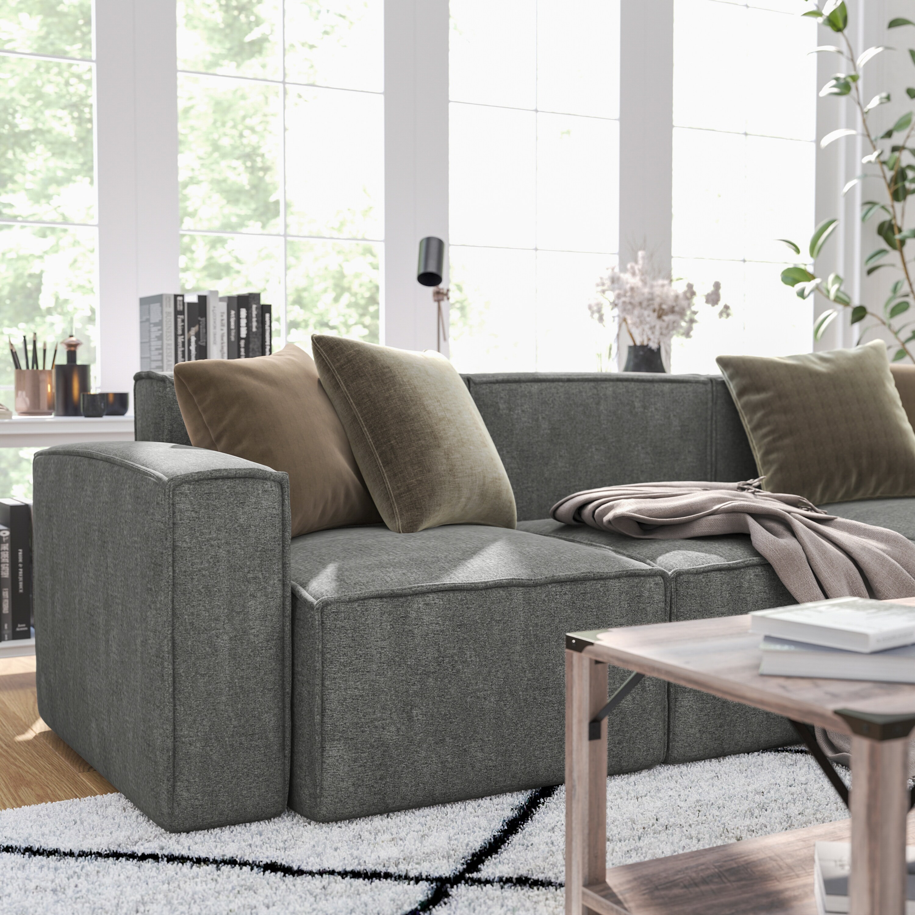 Merrick Lane 196861172748 Weller Modular Left Side Chair with Arm Rest in Dark Gray