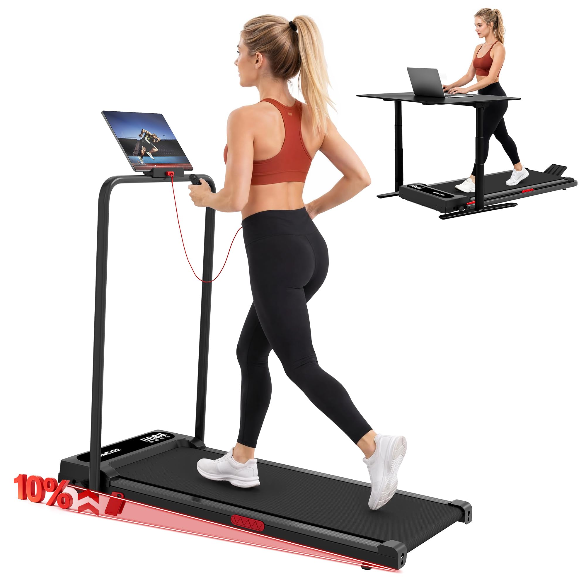 Garvee Home Folding Treadmill 3.0HP Walking Pad with Incline and Handle Bar LED Display Remote Control Under Desk Gym Jogging Running Black