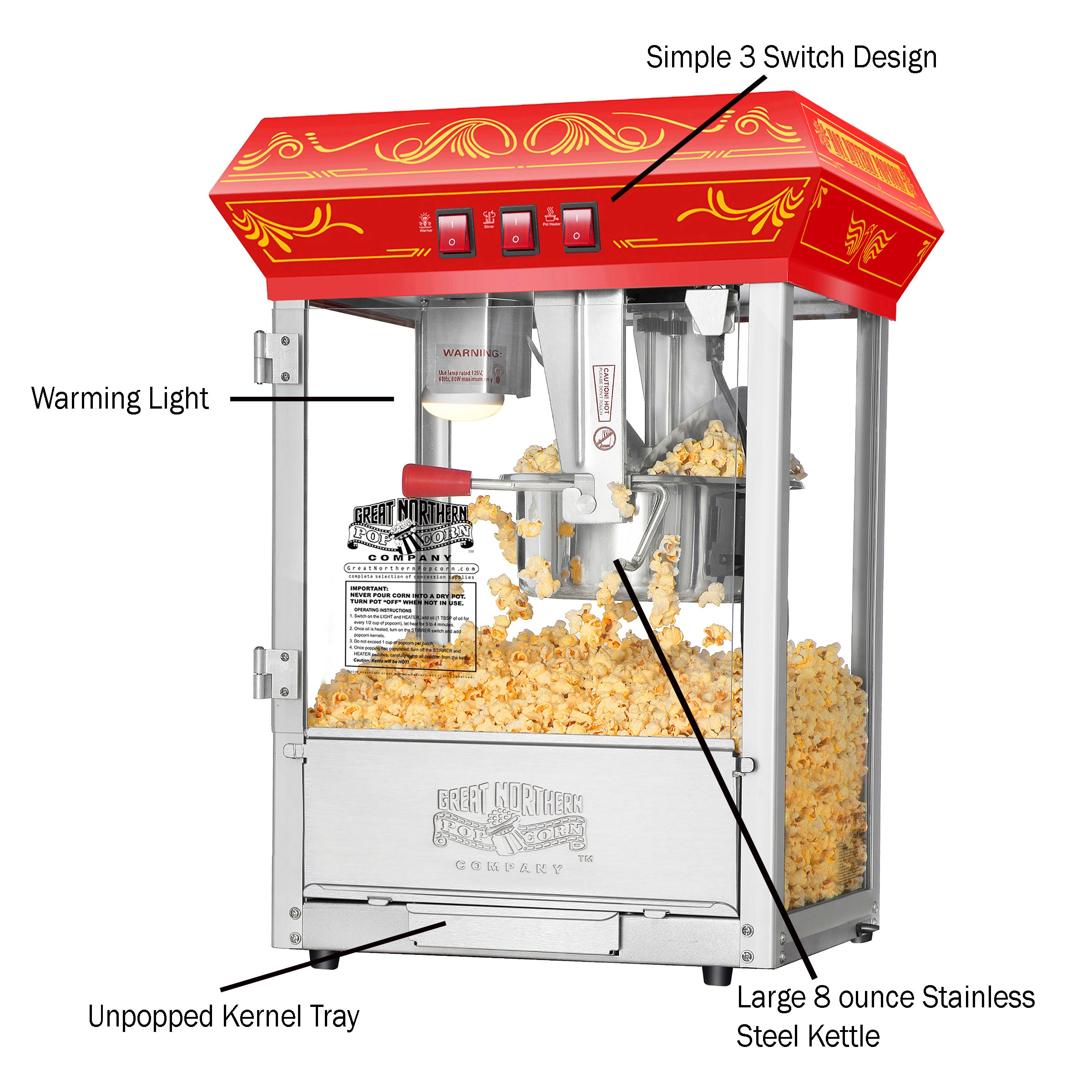 Great Northern Popcorn 1 Cups Oil Popcorn Machine, Stainless Steel,  Tabletop Popcorn Maker - Antique Style Foundation Popper - 8oz Kettle (Red)  in the Popcorn Machines department at