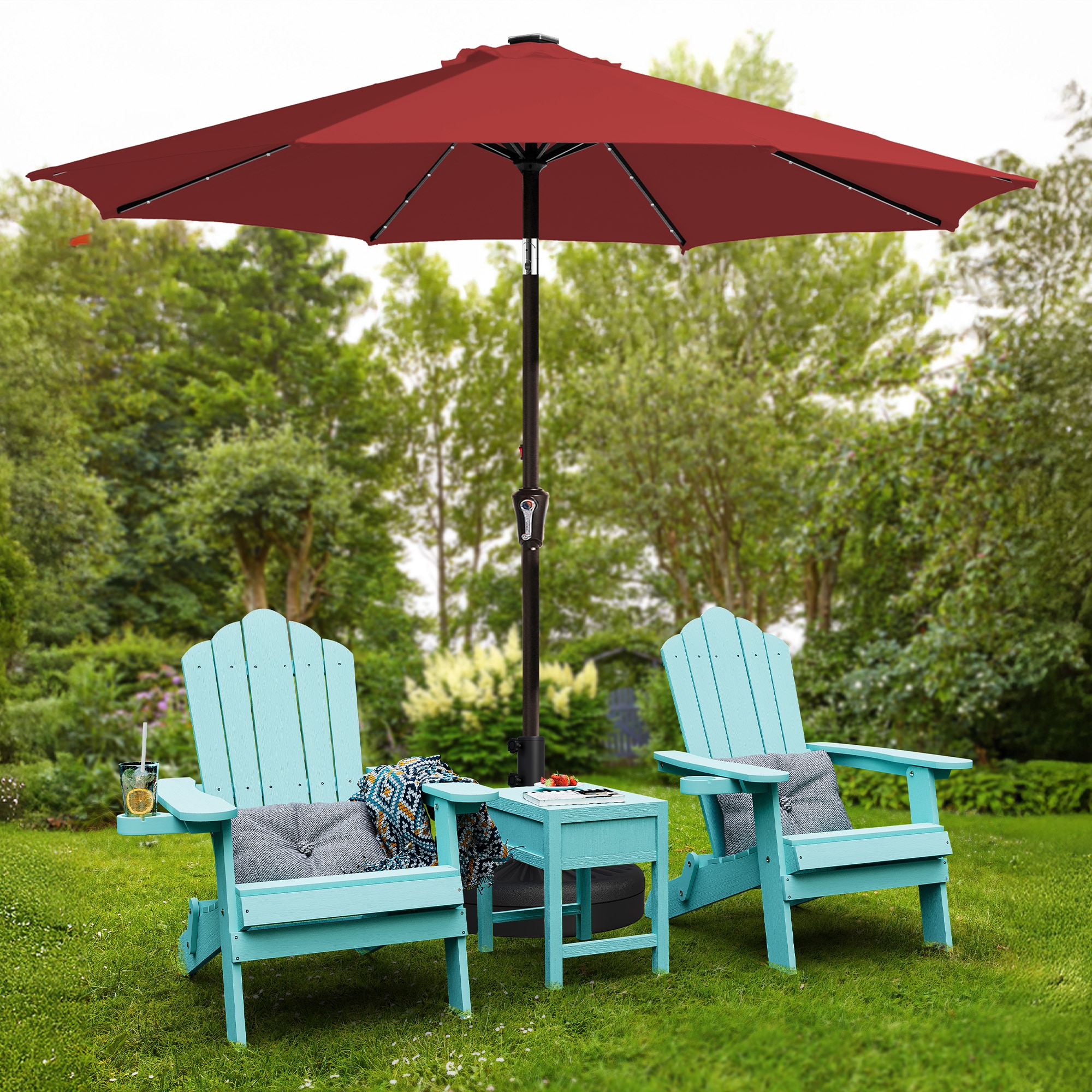 JEAREY JE-QTZZ+DEZ-10FT-RD 9-ft Steel Red Crank Market Patio Umbrella with Lights