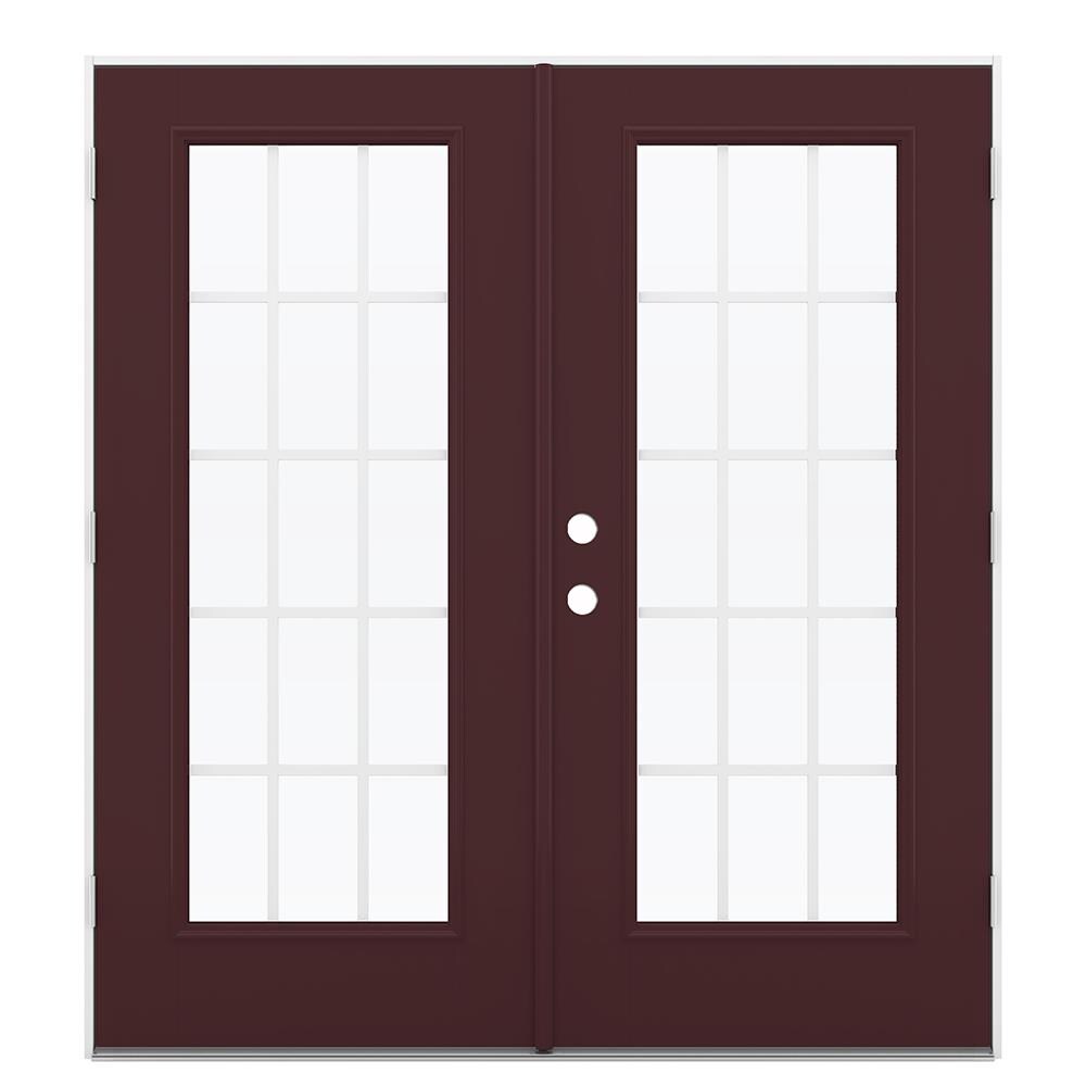 JELD-WEN 72-in x 80-in x 4-9/16-in Jamb Low-e Grilles Between The Glass Currant Fiberglass French Left-Hand Outswing Double Patio Door in Red -  LOWOLJW184100201