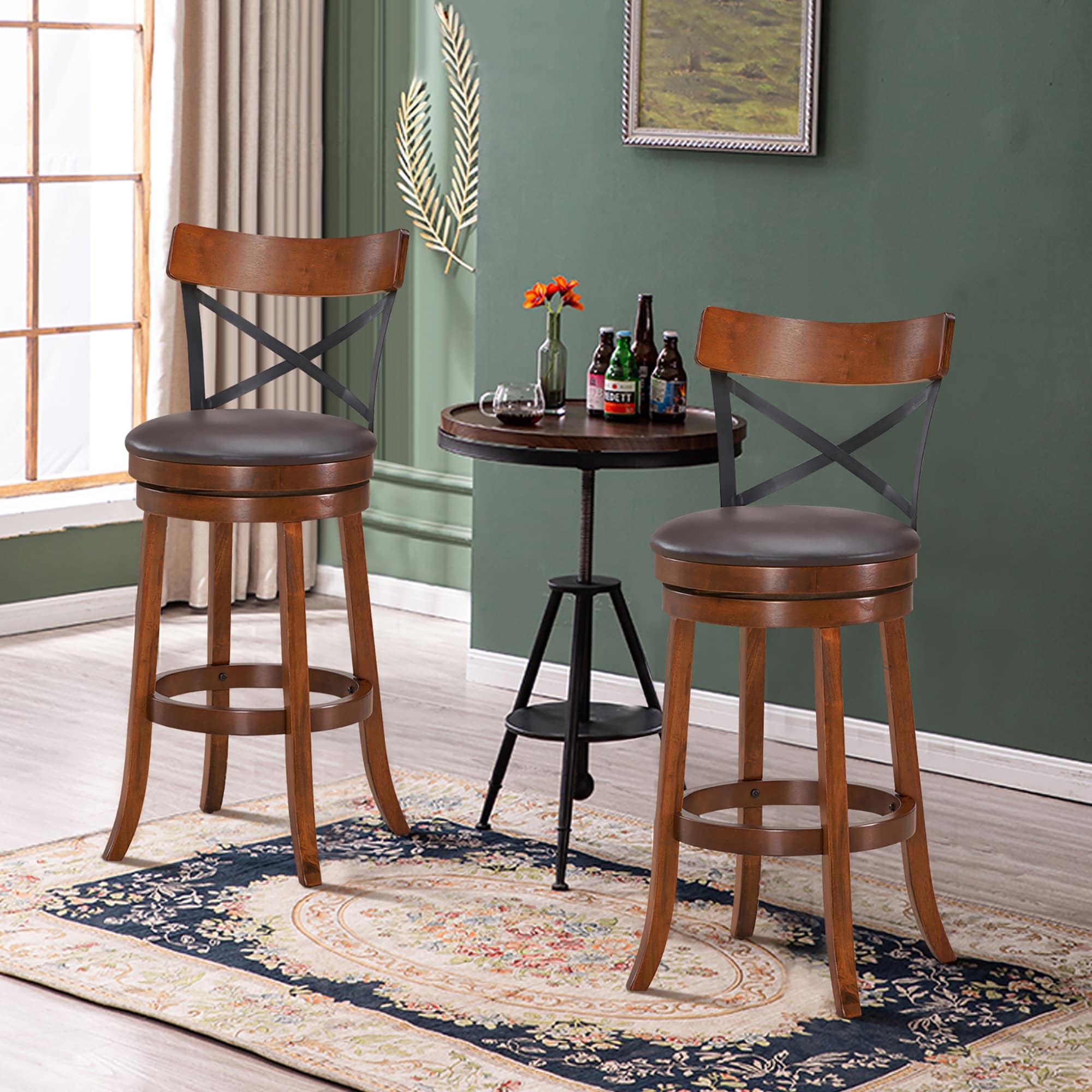 Set of 2 Walnut and Black Swivel Bar Stools with Rubberwood Legs