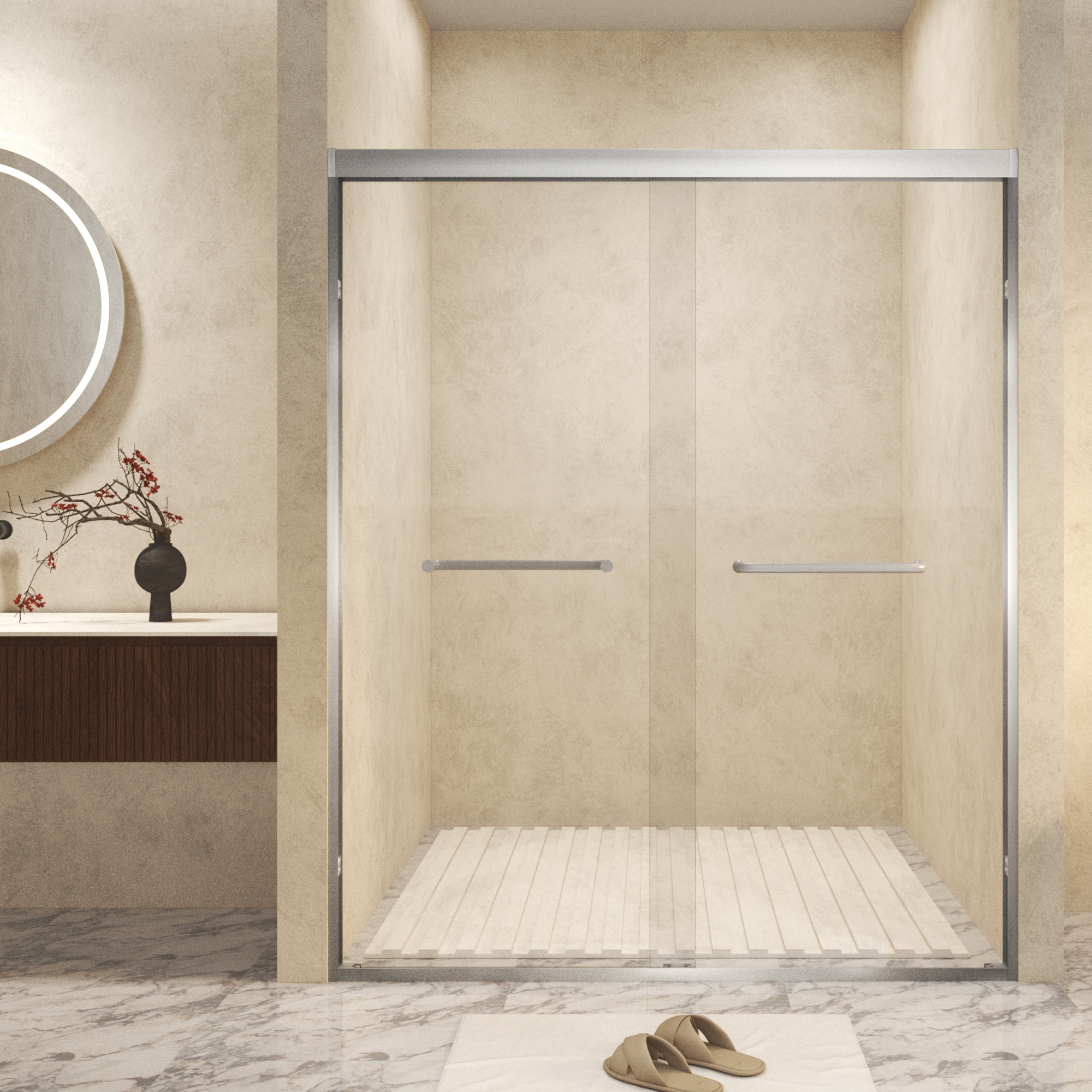 Forclover Sliding Shower Door Brushed Nickel 50-in to 54-in W x 58-in H Semi-frameless Clear Glass Sliding Shower door