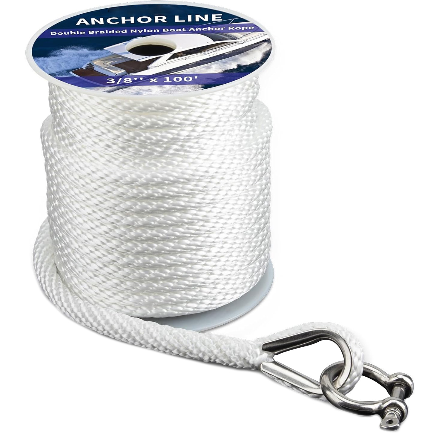 Etokfoks  anchor rope 3 8 inch x 100 ft white solid braid MFP anchor line with 316 stainless thimble and shackle for boats under 16 ft