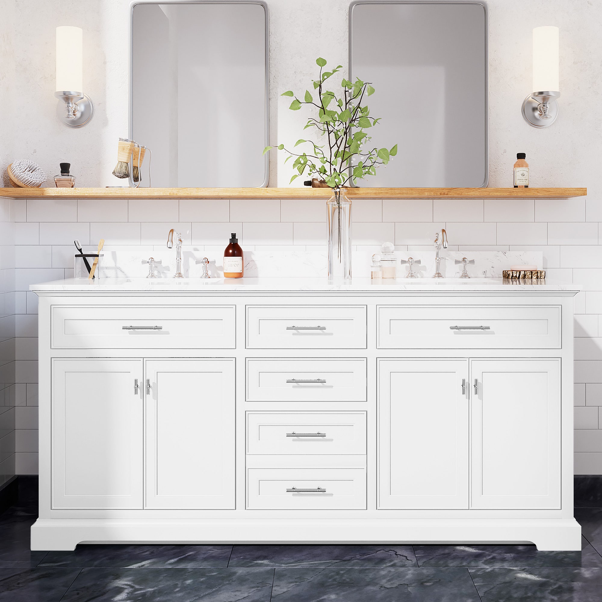 JEAREY DXRZJ-6S-YW Bathroom vanities with top 72-in White Double Sink Bathroom Vanity with White Marble Top