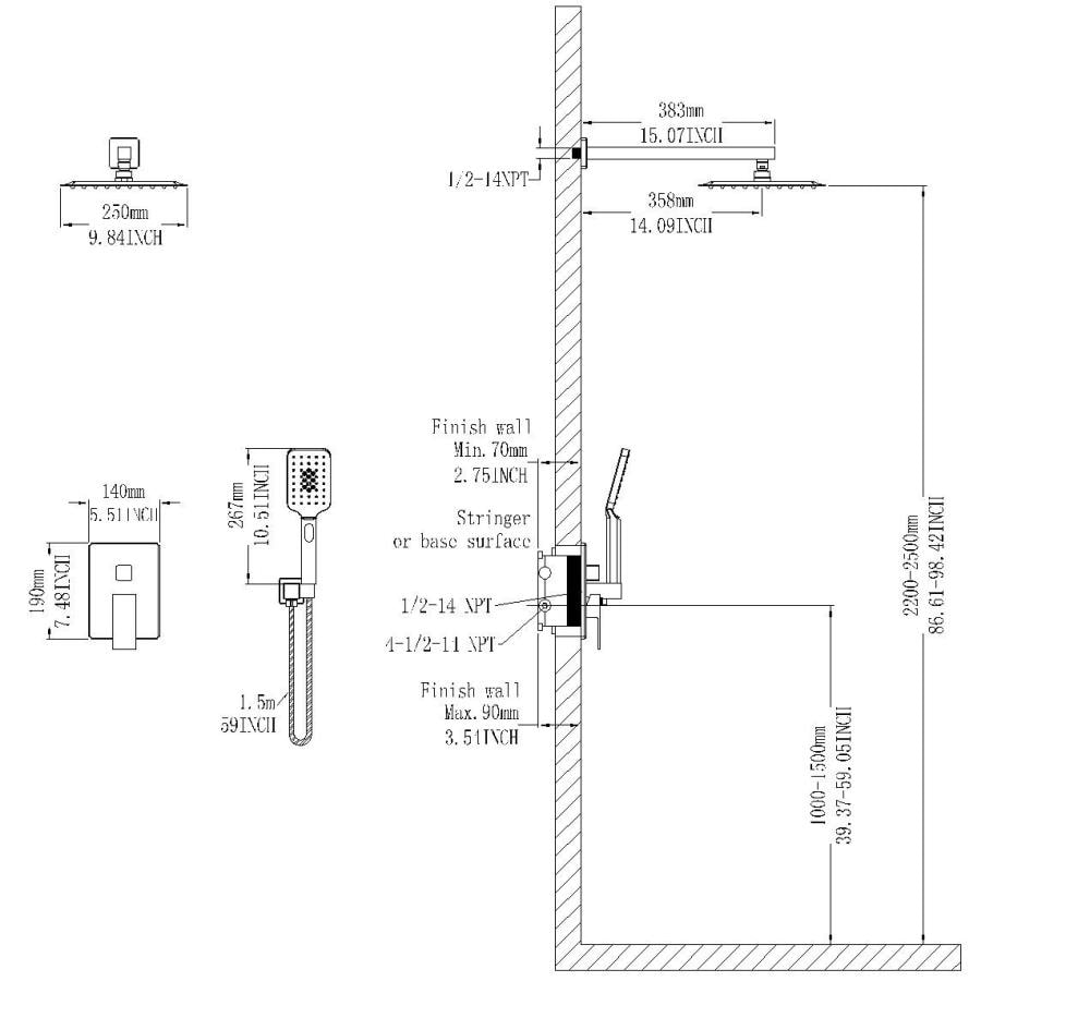 Topcraft Matte Black 9.84-in Waterfall Built-In Shower Faucet System ...