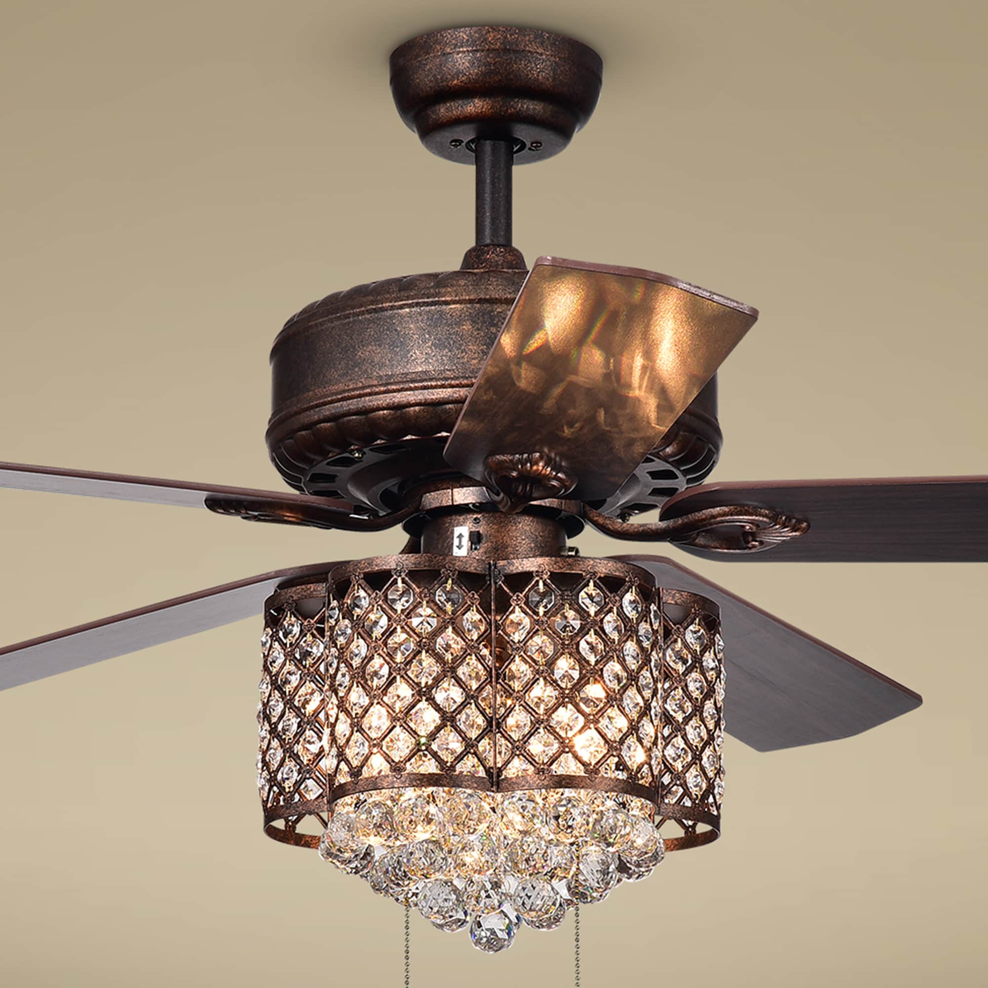 Rustic Bronze 52" Ceiling Fan with Crystal Lighting and Reversible Blades