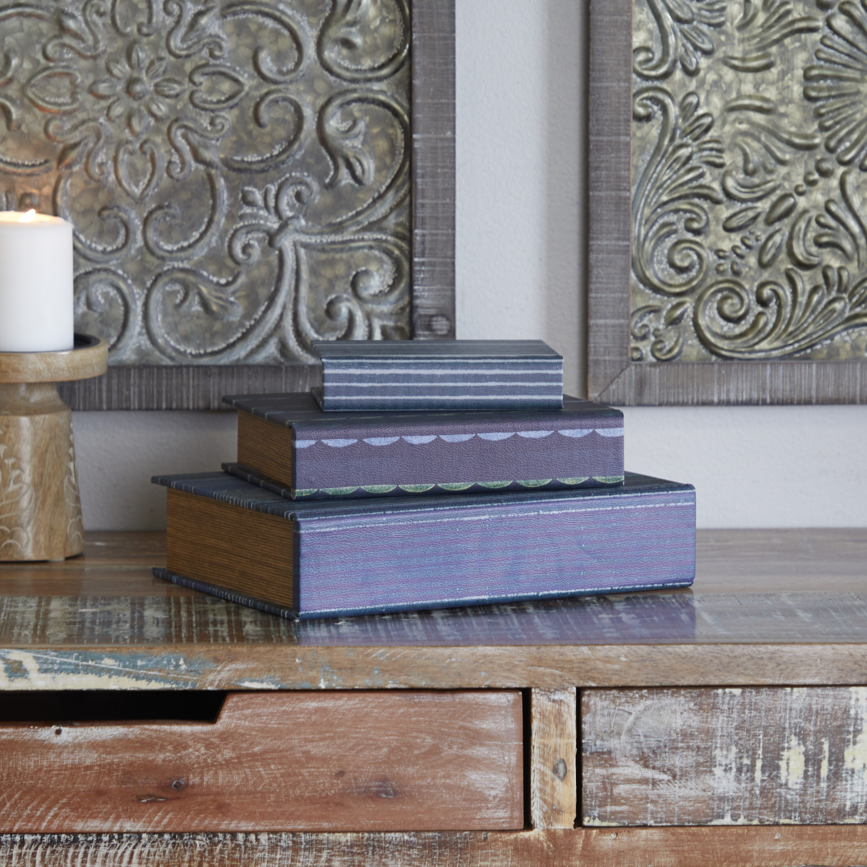 Grayson Lane 32718 3 -Pack Gray Leather Eclectic Decorative box