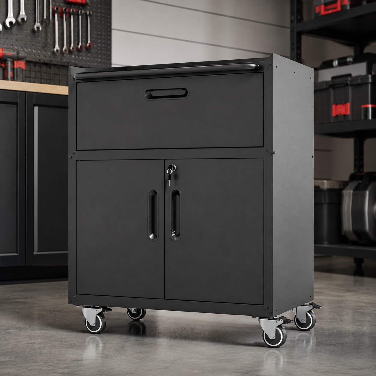 HBUDS Rolling Tool Cabinet with Wheels 1 Drawer 2 Locking Doors Heavy Duty Steel Storage with Raised Top Surface for Garage Office