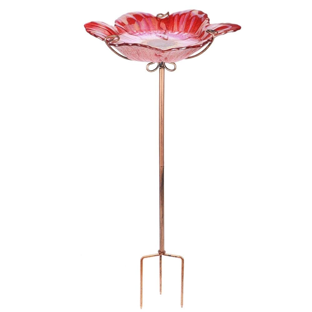 Aoibox  1 Piece 26 Inch Glass Bird Bath Outdoor Garden Bird Feeder Red with Three Pronged Metal Stake Weather Resistant for Yard Lawn Flower Pot
