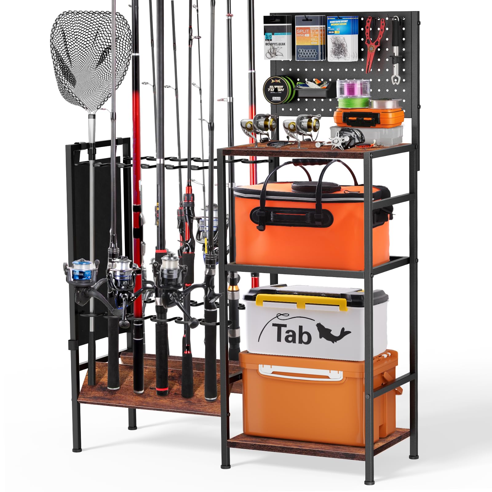 Justincity  Fishing Rod Storage Rack for Garage Holds up to 12 Rods Heavy Duty Fishing Gear Organizer with Pegboard 3 Tier Metal Stand with
