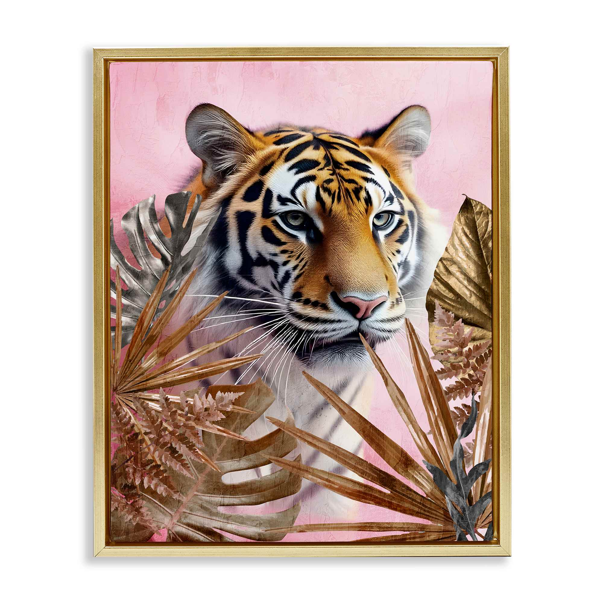 Stupell Industries BS-077-FFG-24X30 Exotic Tiger with Gold Leaves Gold Framed Floater Canvas Wall Art By Kim Allen 25 x 31