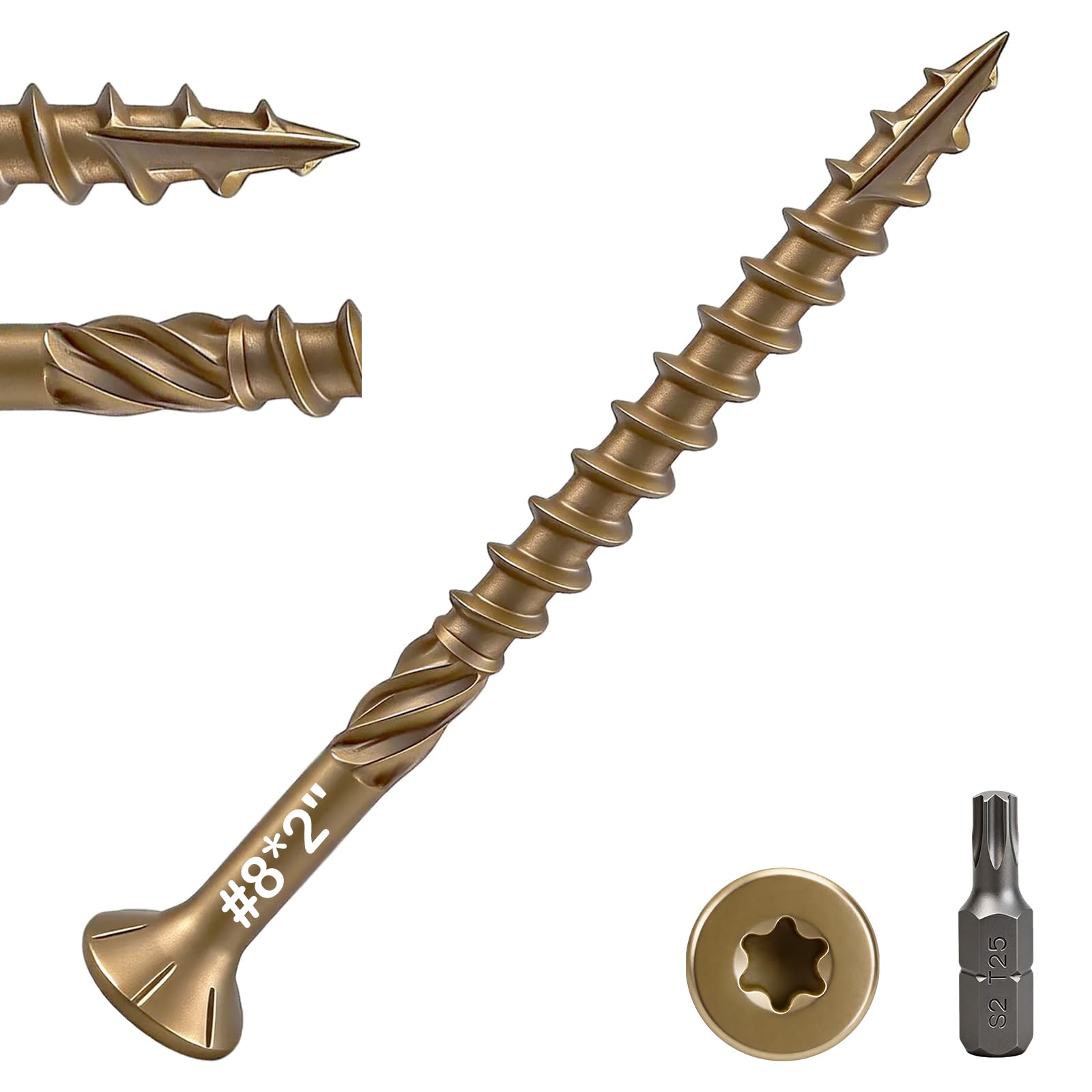 KHKFY  Number 8 by 2 inch Deck Screws 100 Pieces Exterior Wood Screws Rust Resistant Epoxy Coated Bronze T25 Star Bit durable home and garden