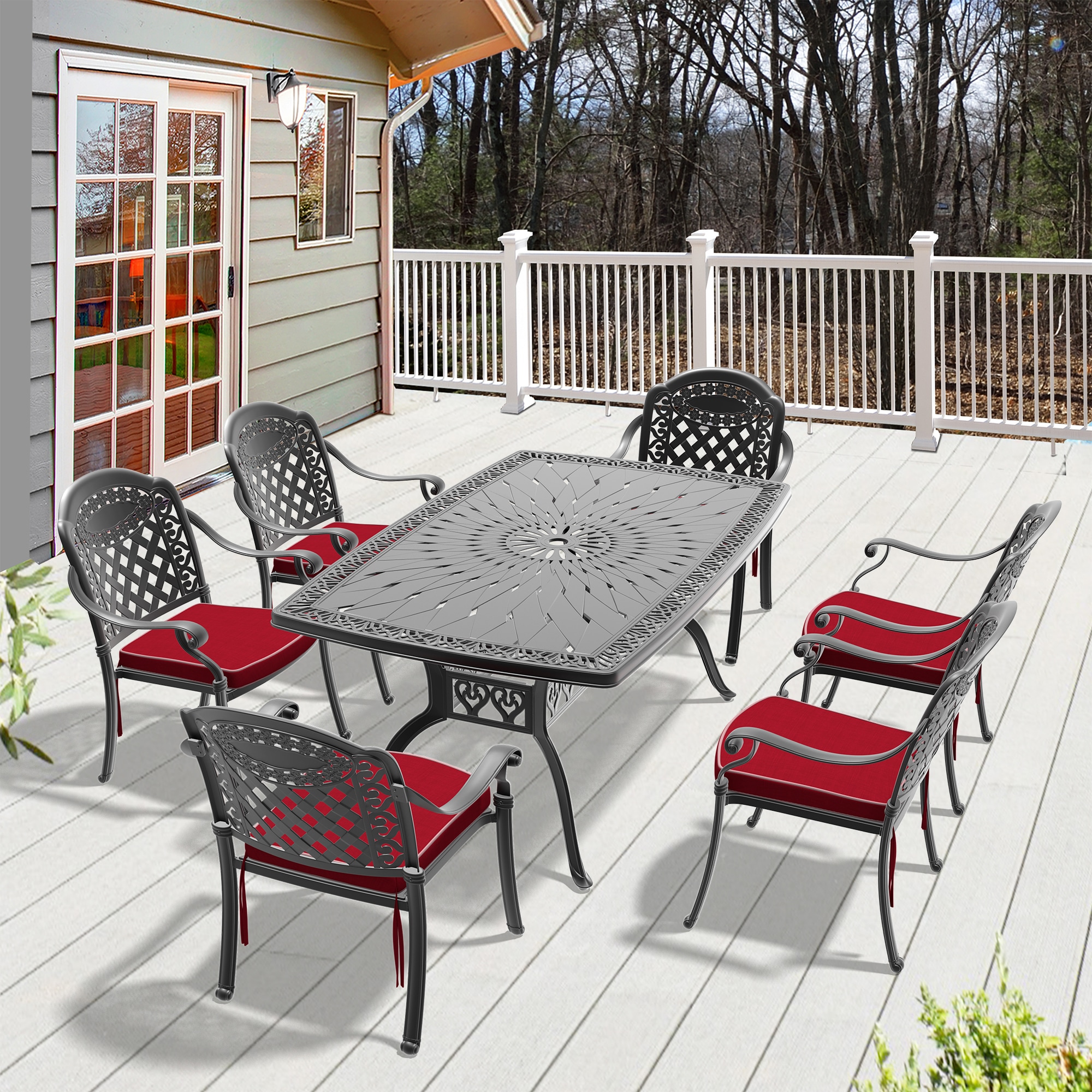 nicesure SLBK6008CZ6A1116RC 7 -Piece Black Patio Dining Set Aluminum Rectangle Table with 6 Cushions Stackable Stationary Chairs