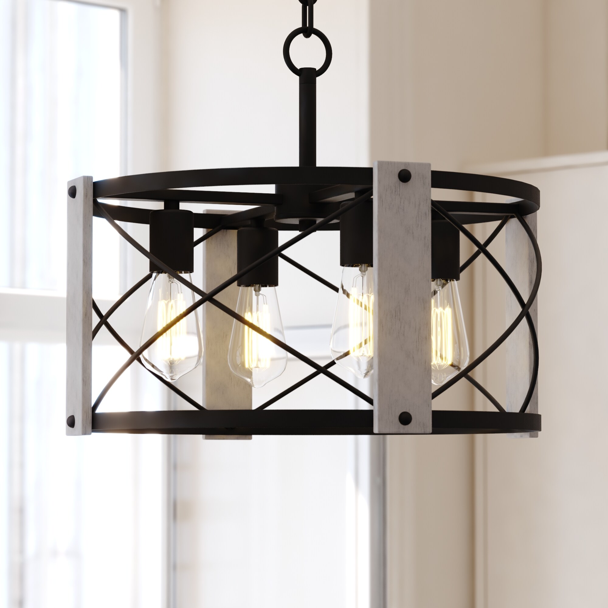 Burien 18" Black and Washed Ash Farmhouse Drum Pendant Light