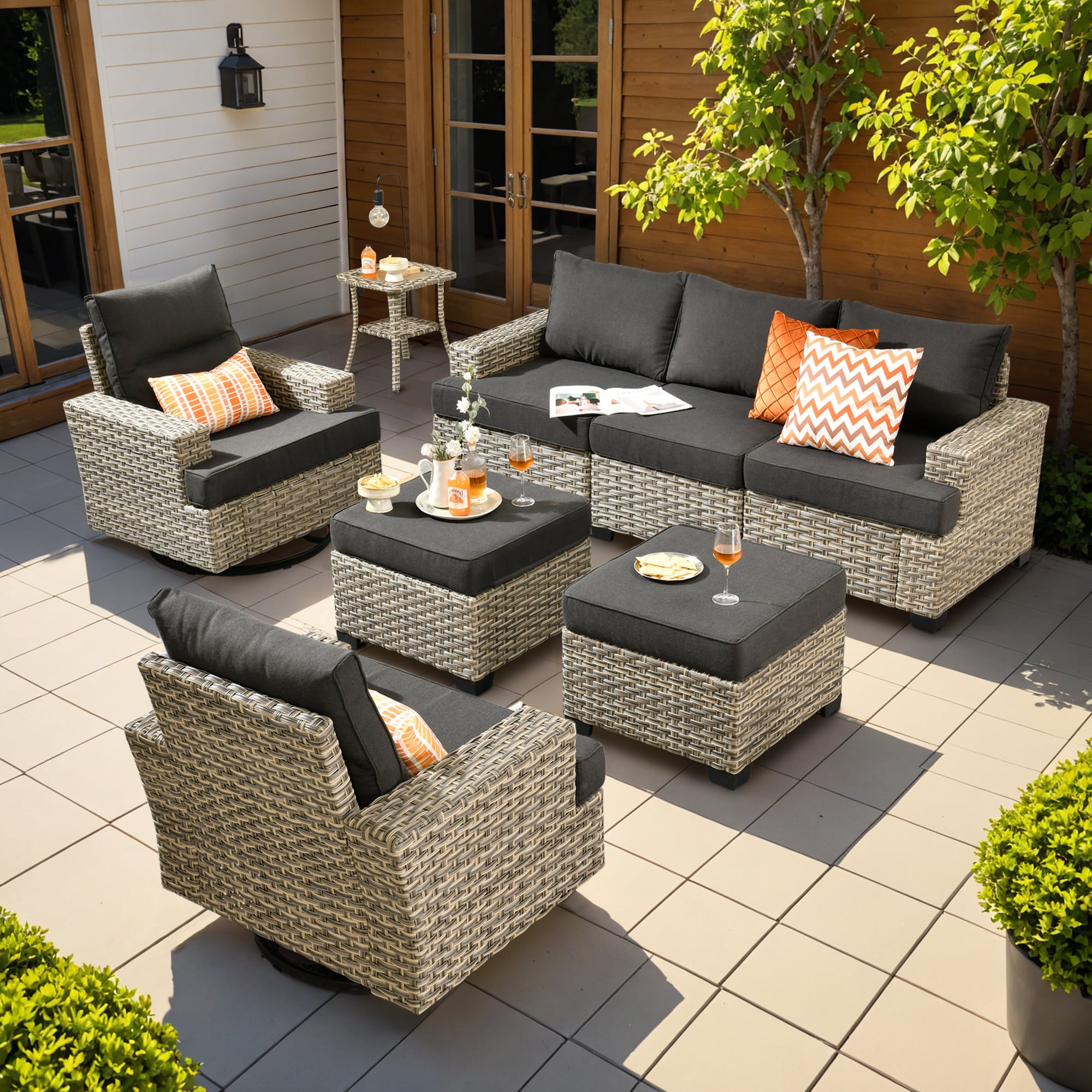 Ovios TS108Y 8 -Piece Wicker Patio Sofa Conversation Set with Light Gray Cushions