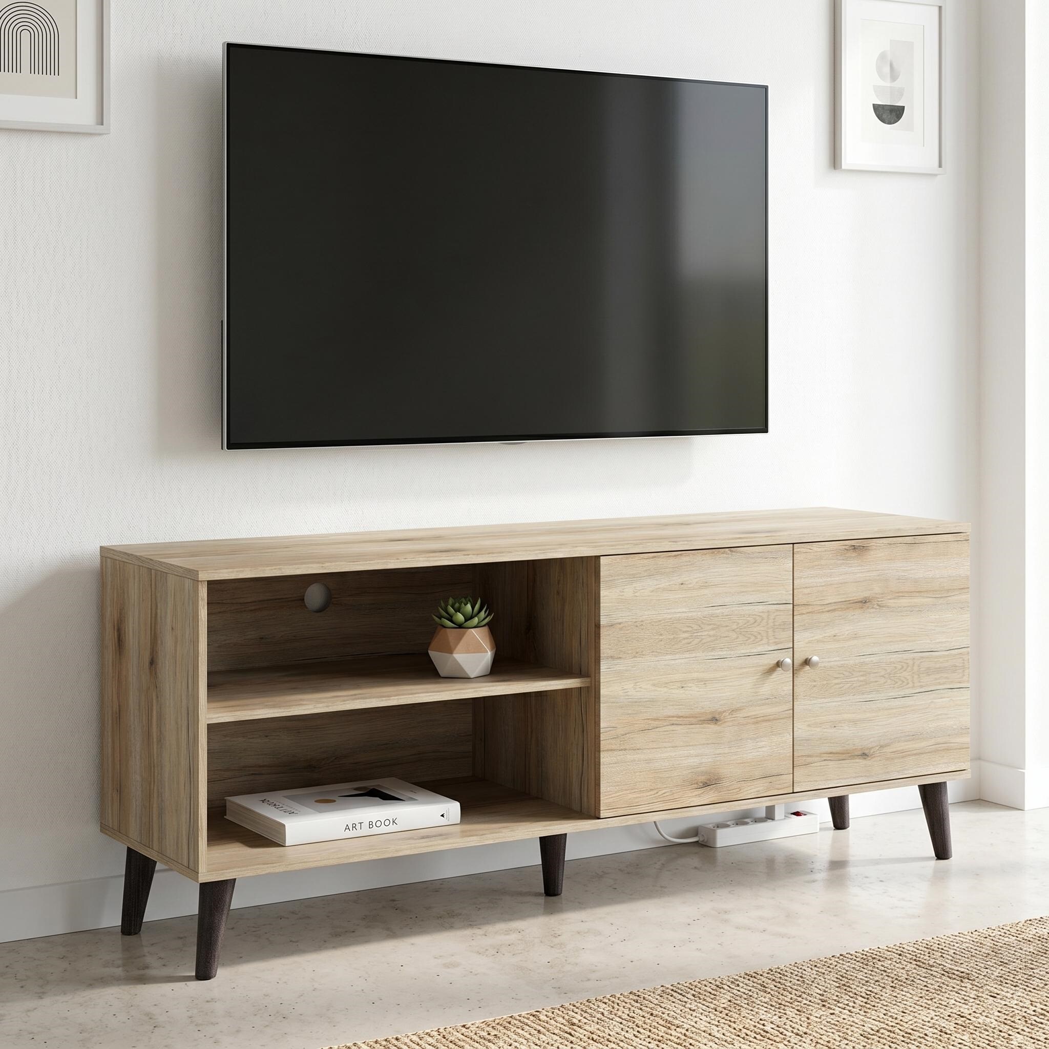 Roomfitters  63 Inch Modern MidCentury TV Stand Entertainment Center Console Cabinet Oak