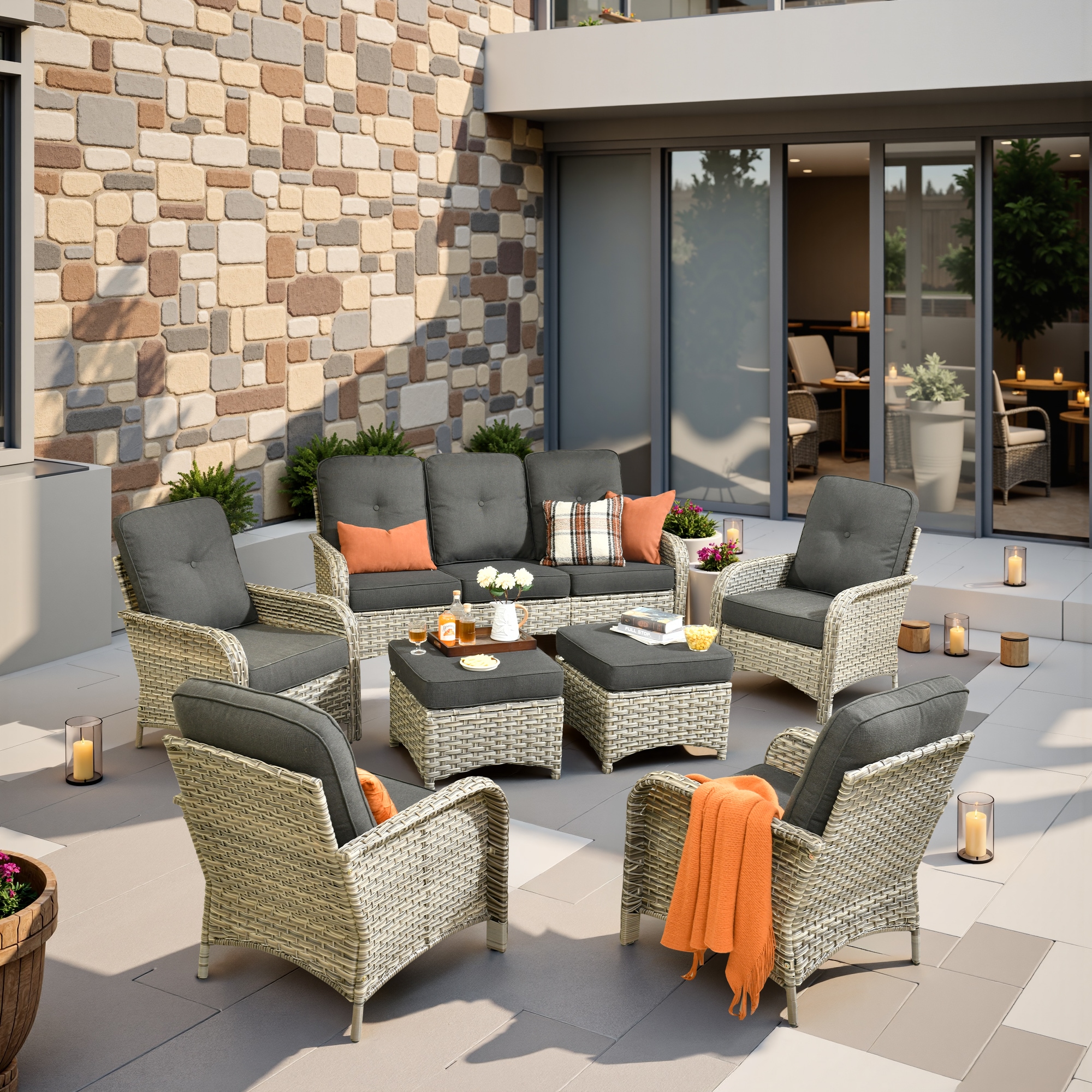 weaxty HMBVNC100S71 Belvoir 7 -Piece Wicker Patio Sofa Conversation Set with Black Cushions