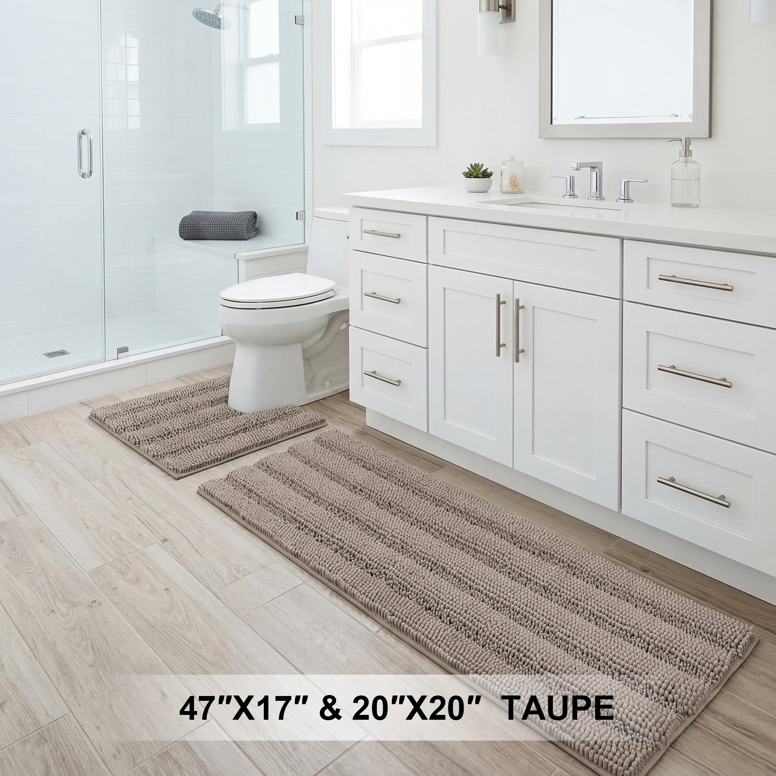 H.Versailtex  2Piece Khaki Chenille Bath Rug Set Extra Thick Striped Microfiber Bath Mats with NonSlip Backing 17 x 47 in