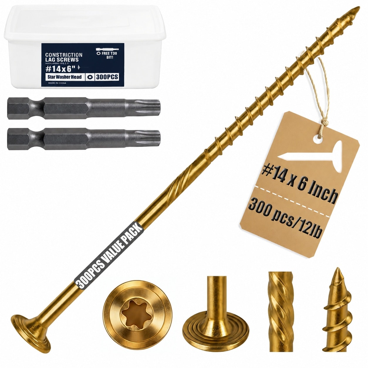 Phewnyzo  Lag Screws Number 14 by 6 Inch Washer Head Torx Drive Rust Resistant Epoxy Coated Carbon Steel Heavy Duty Deck Screws for Wood Projects