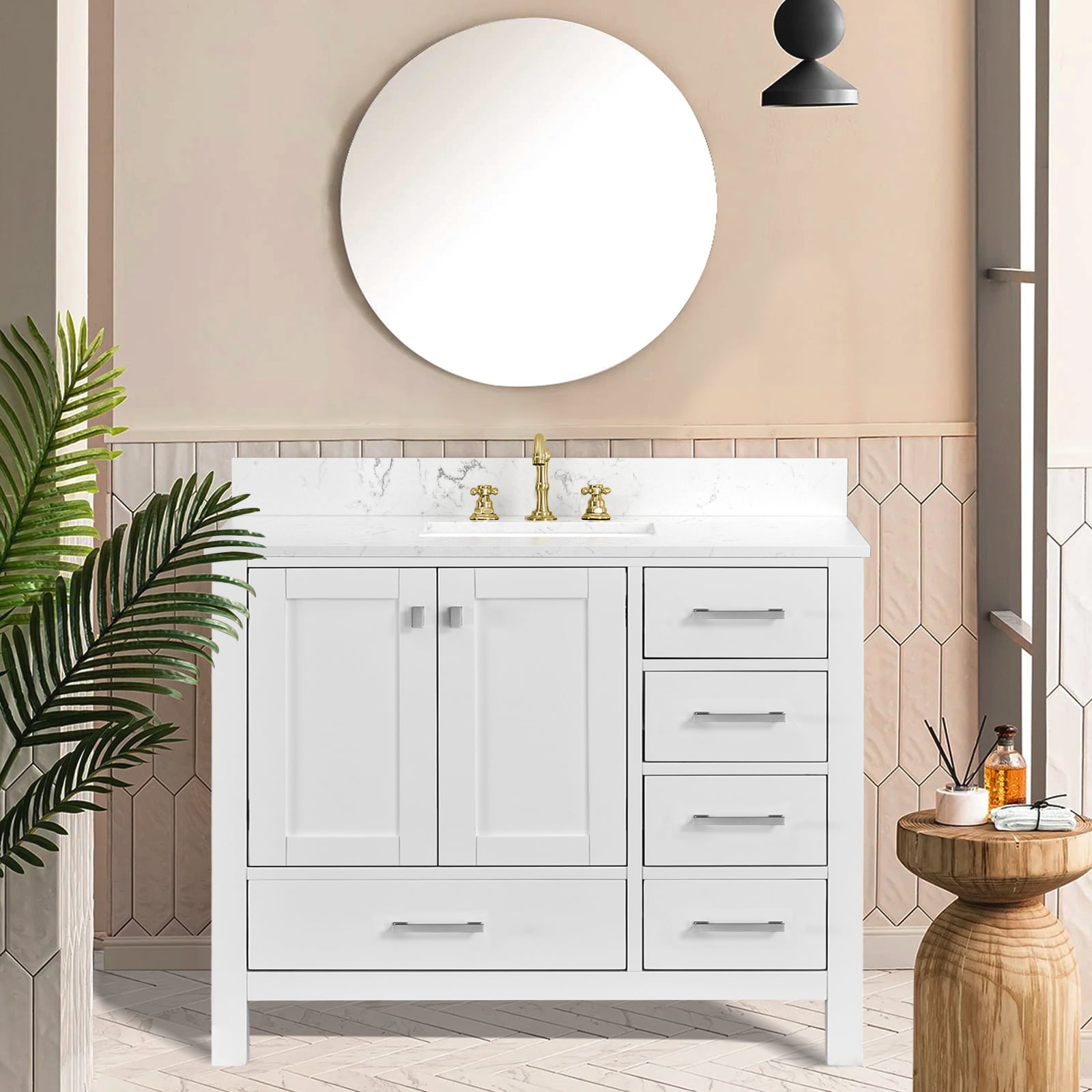 Forclover Solid Wood Frame 42-in White Undermount Single Sink Bathroom Vanity with White Engineered Stone Top (Fully Assembled)