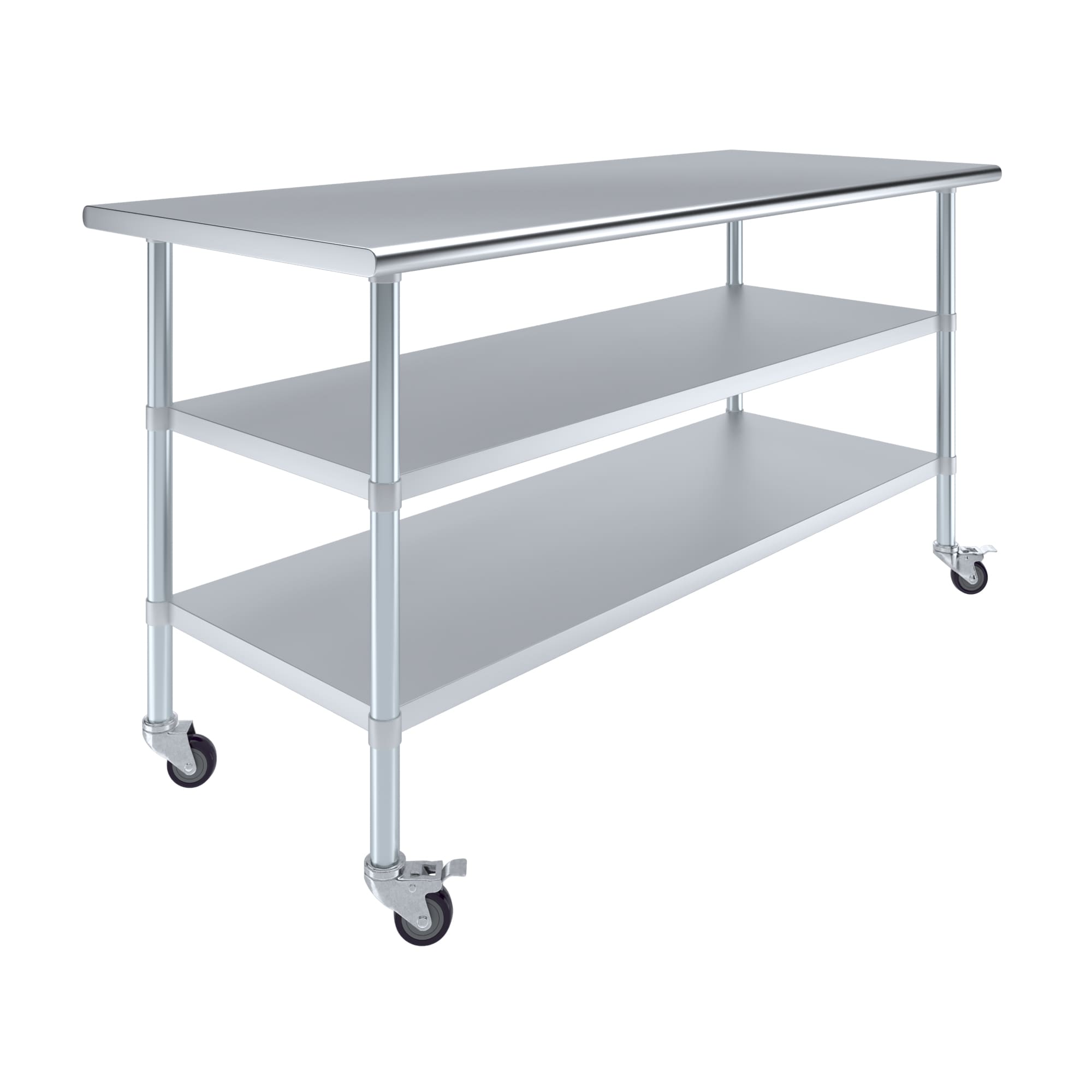 Amgood 30 in. x 72 in. x 38 in. Stainless Steel Work Table with Two Lower Shelves and Locking Casters
