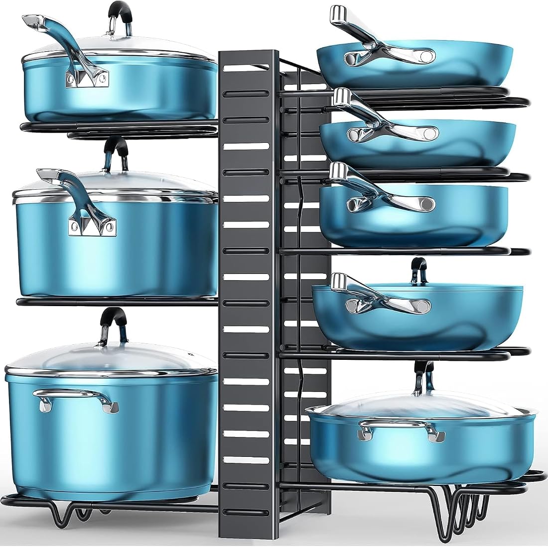 Aoibox  8 Tier Adjustable Pot and Pan Organizer for Cabinets 3 Tool Free Assembly Methods with Eight adjustable tiers