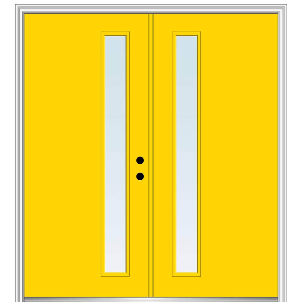 MMI DOOR ZZ348433L Spotlights 72-in x 80-in x 6-9/16-in Fiberglass Pulse lite Left-hand inswing Yellow Flash Painted Prehung Double Front Door with Brickmould Insulating core