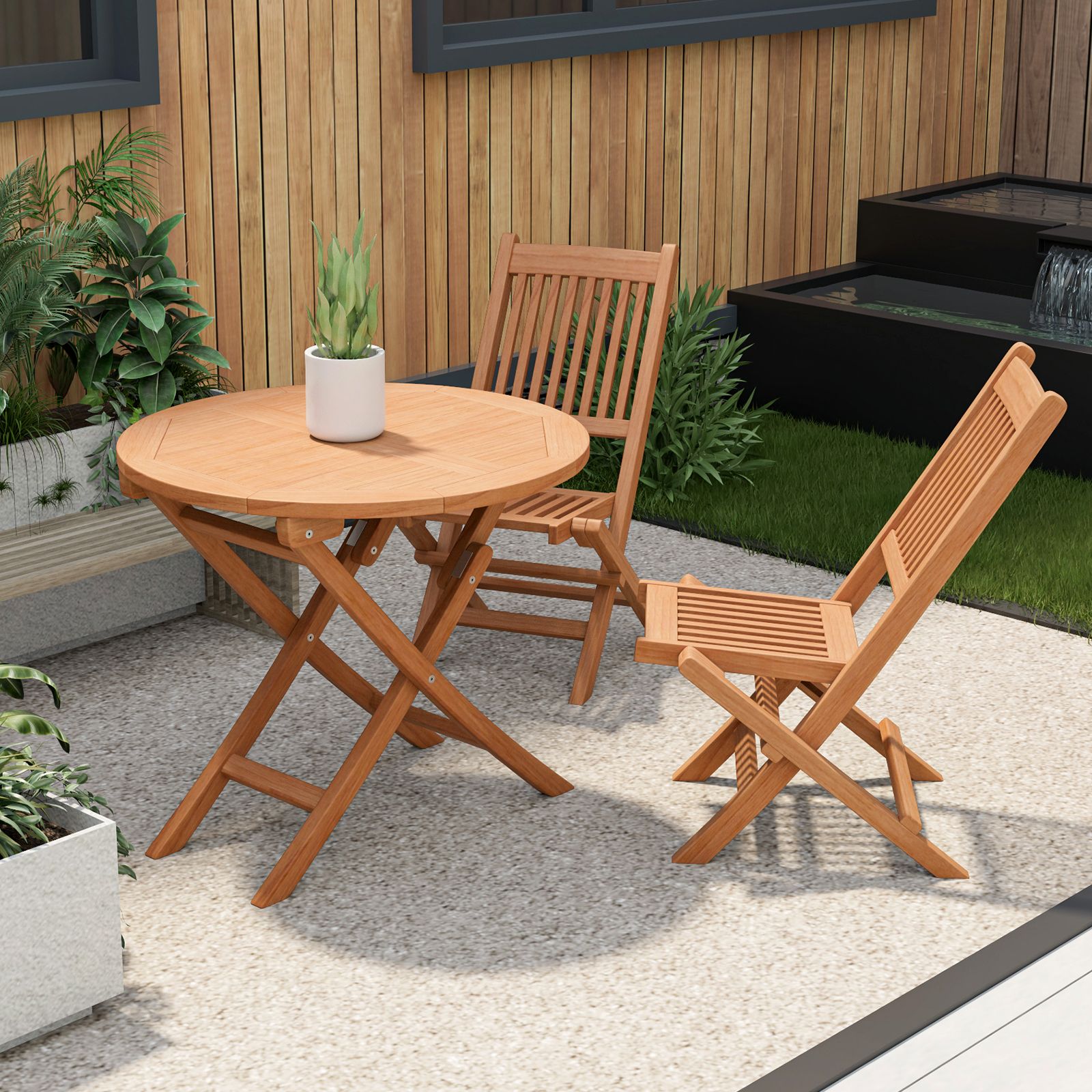 Slickblue Wooden 3 Piece Folding Patio Dining Set with Round Table and ...