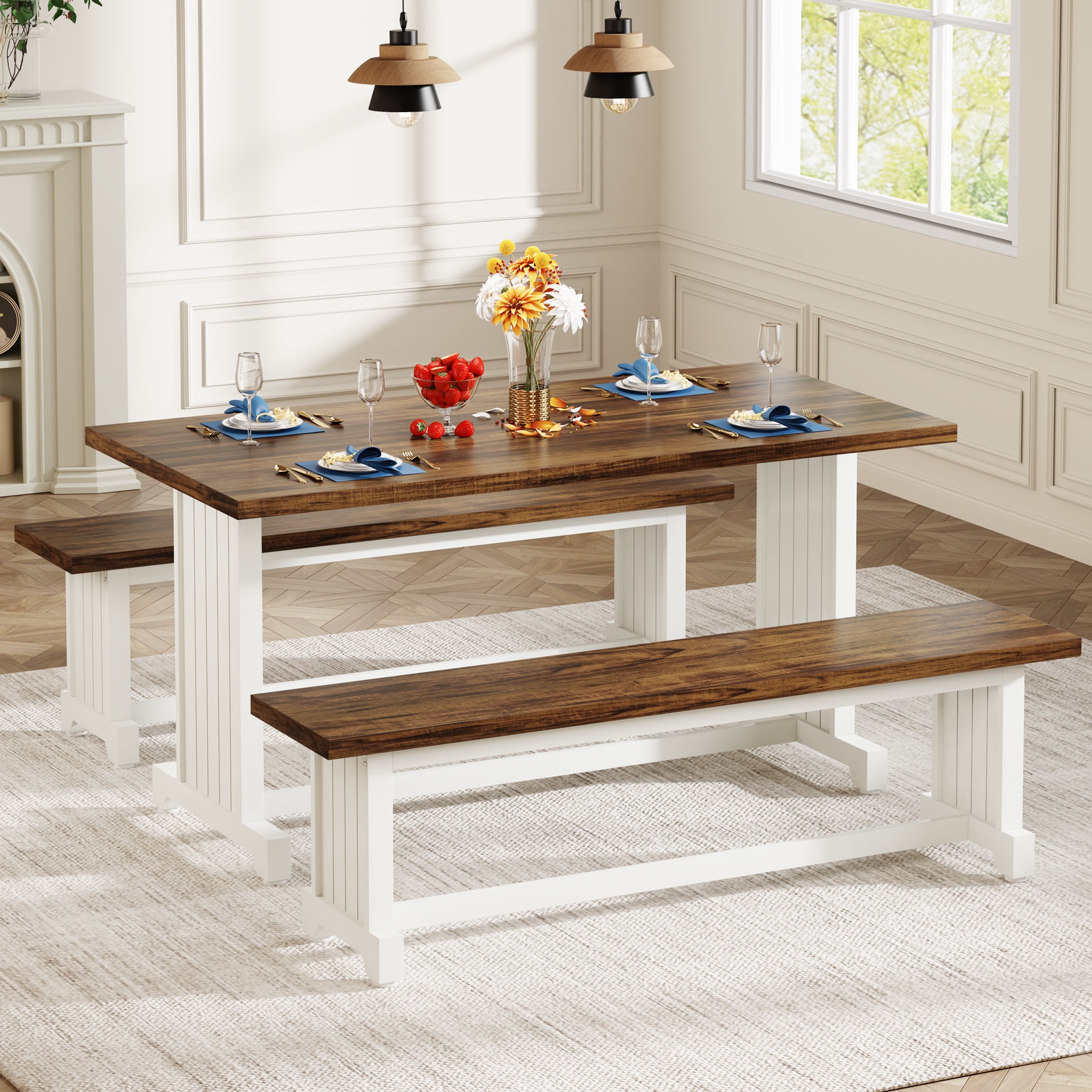 Fnova LWTJ-F1927 Rustic Brown and White Farmhouse Dining Table, MDF with Powder Coated Metal 47.24-in L x 29.92-in H