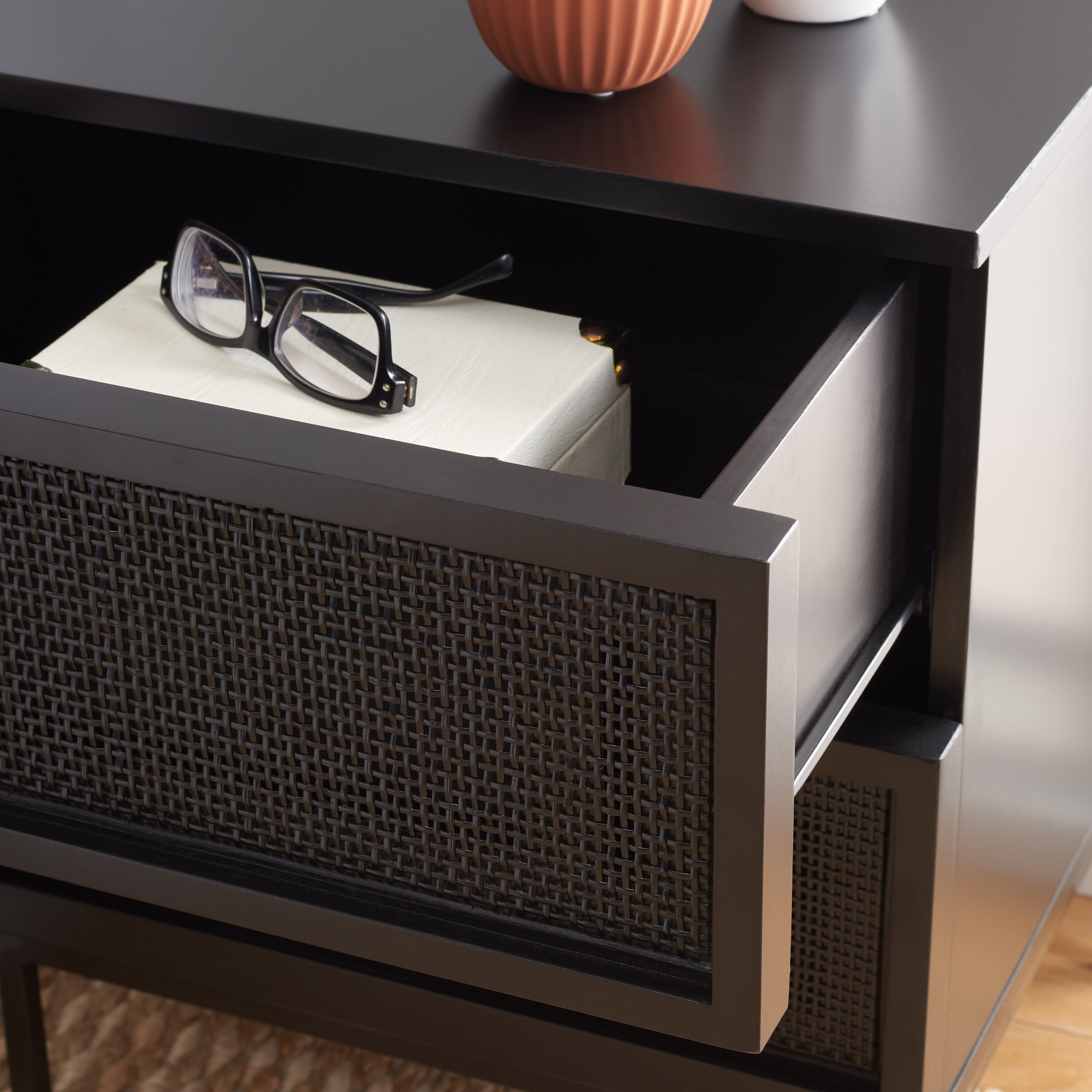 Zadie Black 2-Drawer Rattan Nightstand with Iron Legs