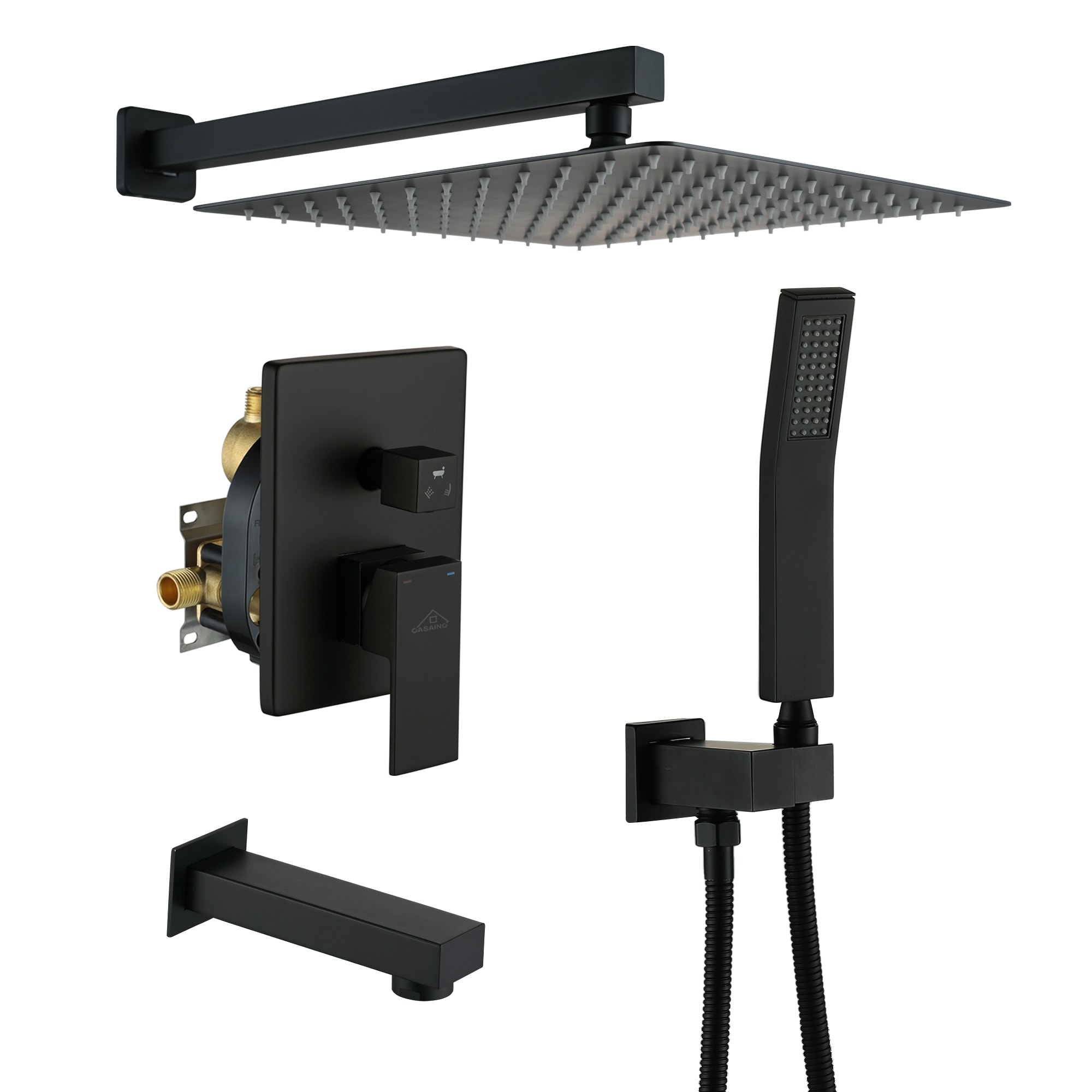 Clihome DG-SS806MB10 Matt Black 12-in Dual Head Built-In Shower Faucet System with 3-way Diverter (Pressure-balanced Valve Included)