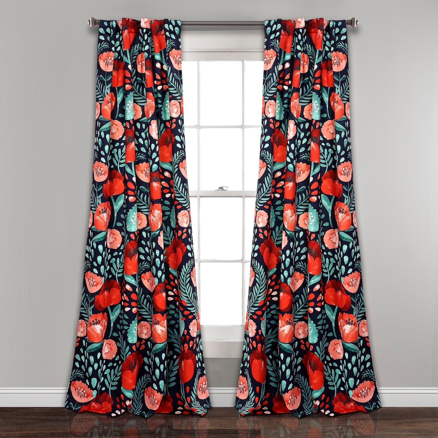 Lush Decor 16T002395 84-Inches Navy Floral Light filtering Back tab Curtain panel pair