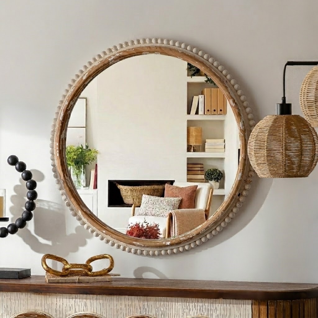 Elevatehome 27 in. W x 27 in. H Round Antiqued Wood Finish Framed with White Beaded Accent Wall Mirror