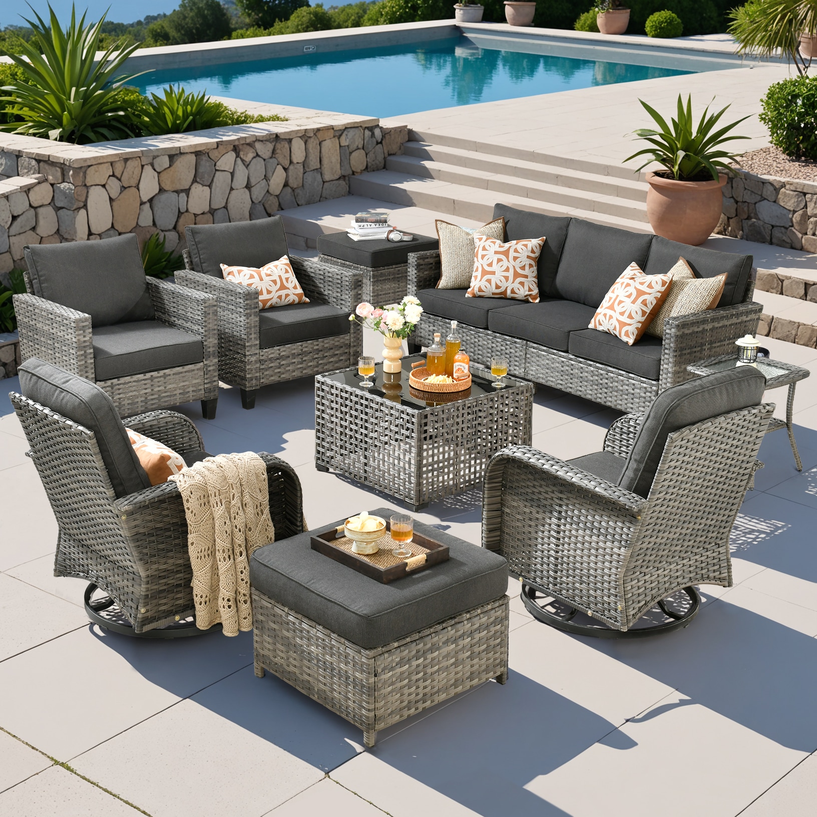 Pouuin SYZGNC109 9 -Piece Wicker Patio Sofa Conversation Set with Black Cushions