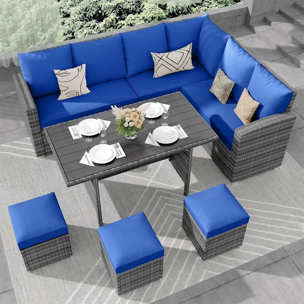 Qeetex SUN-PHO-11QSFMV5 7 Piece Outdoor Sectional Sofa Set with Dining Table and Ottomans All Weather Wicker Patio Furniture
