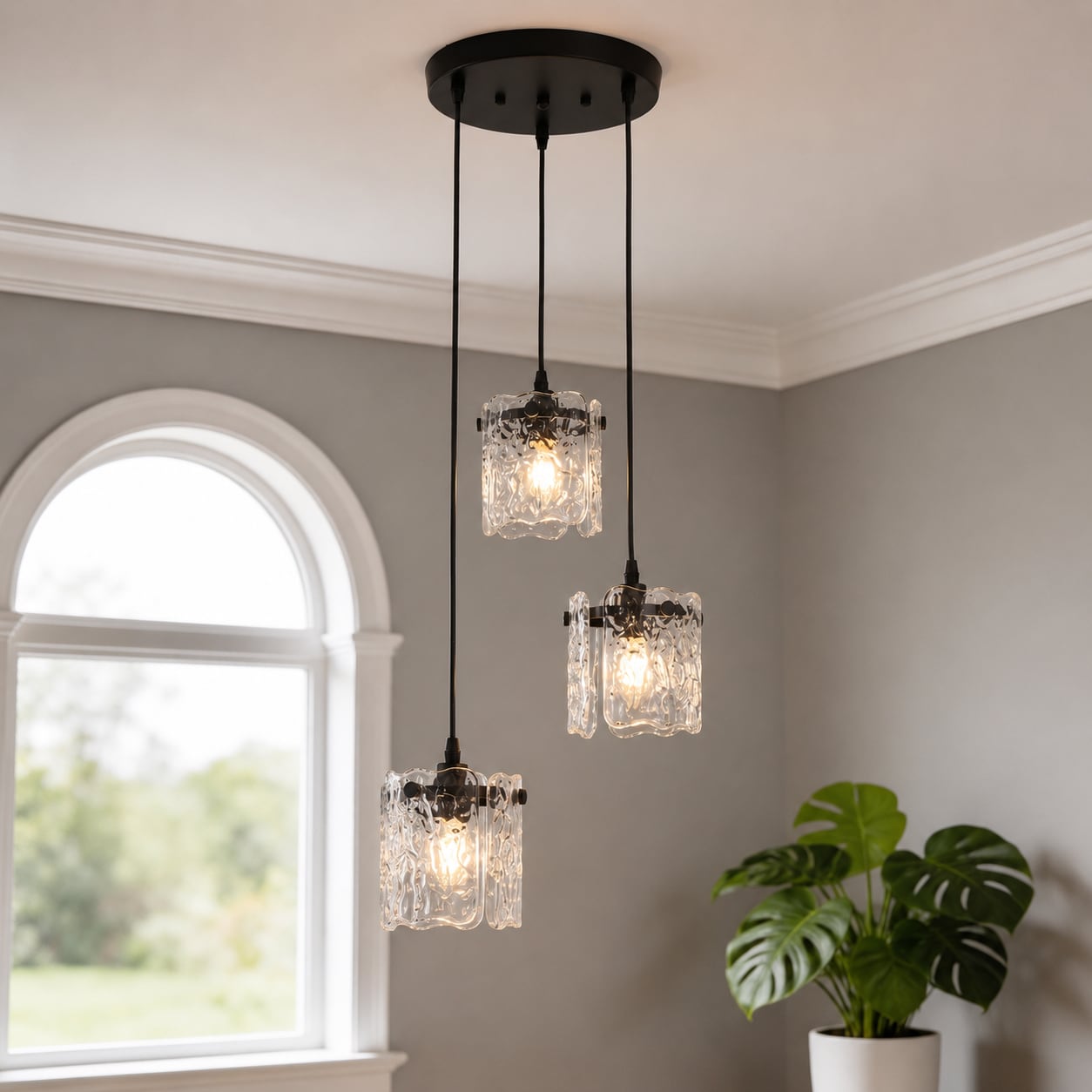 DORESshop Artisan 3-Light Cluster Pendant with Handmade Bark-Texture Glass Shades