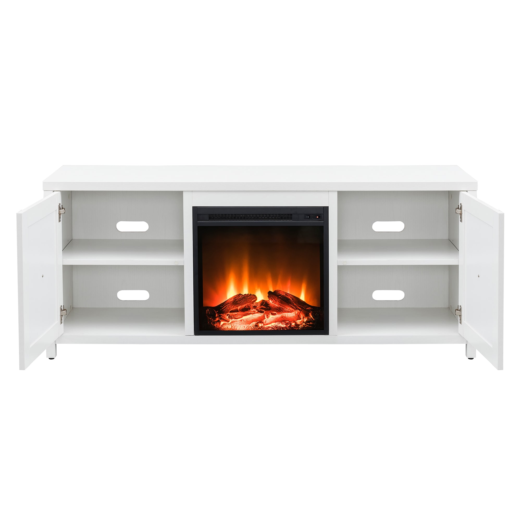 Modern Farmhouse White TV Stand with Electric Fireplace and Storage Cabinet