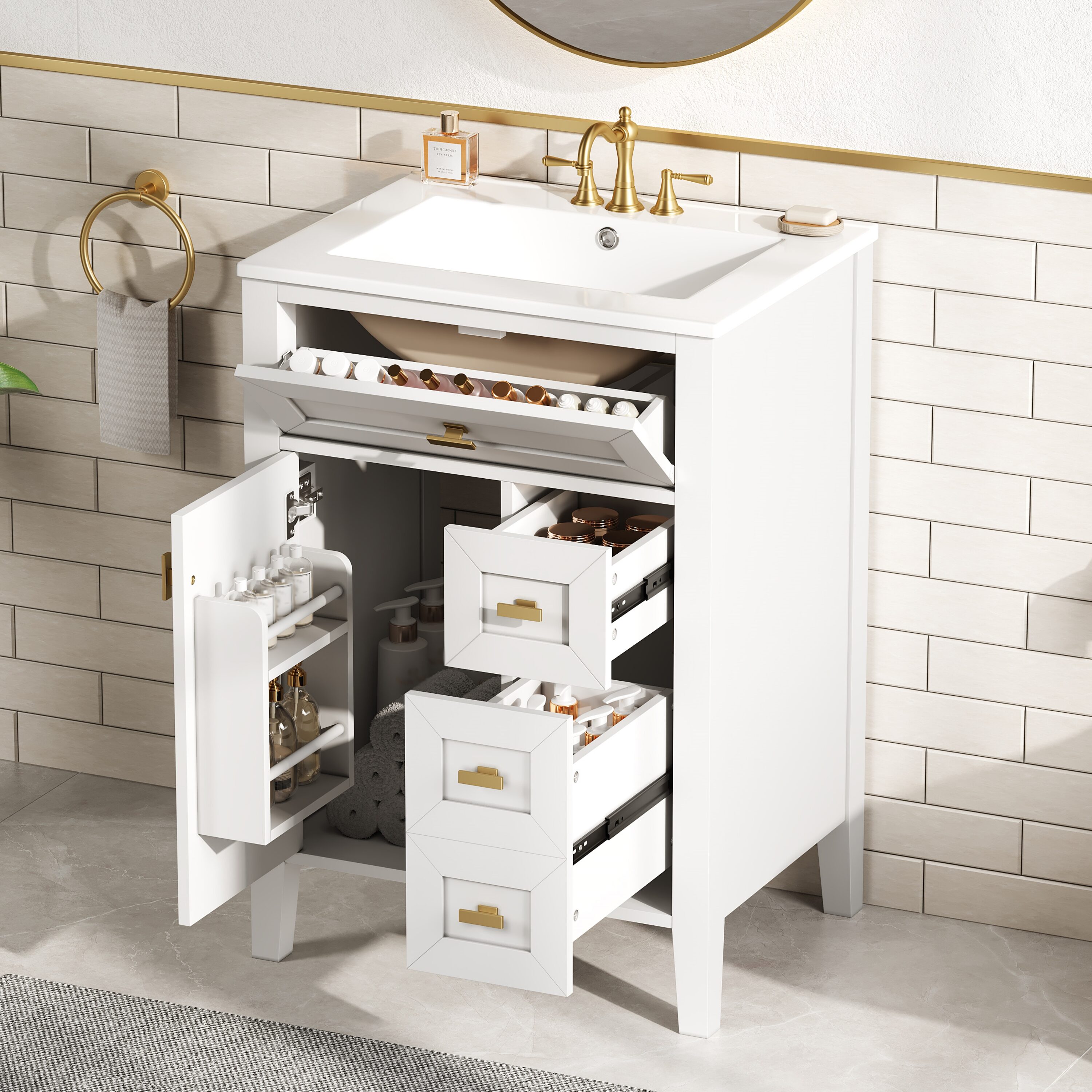 SUNALLY White Compact Multilayer Storage Bathroom Vanity with Ceramic ...