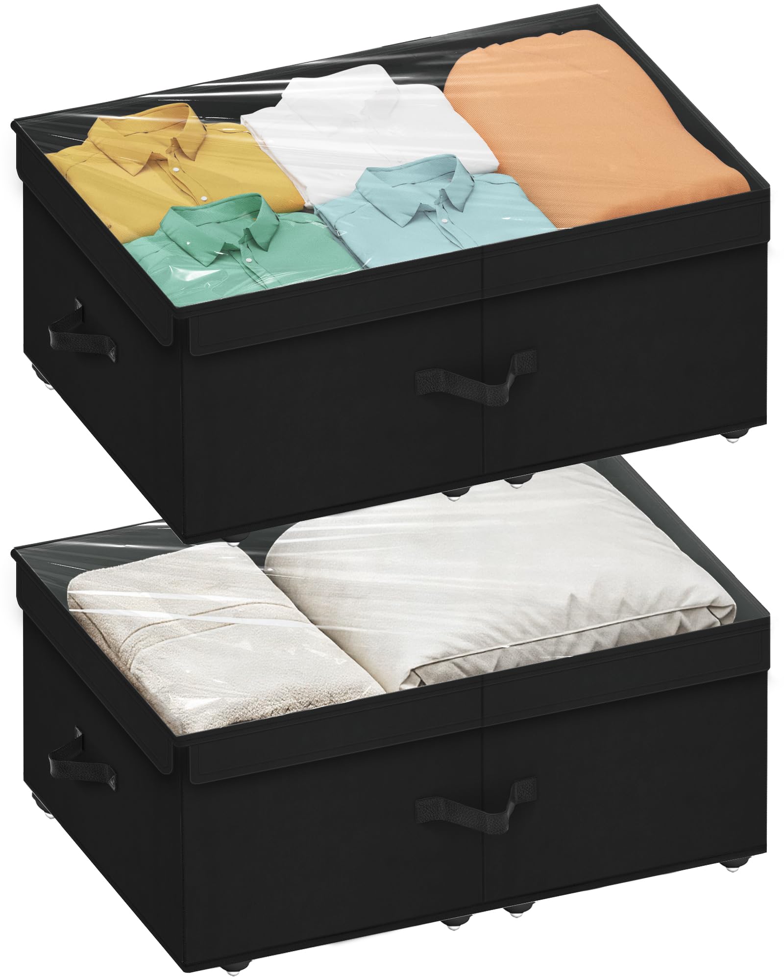Lukvuzo  Large Under Bed Storage Container with Wheels and Clear Lid 10 Inch Height Rolling Storage Bin for Clothes Shoes Blankets 2 Pack Black