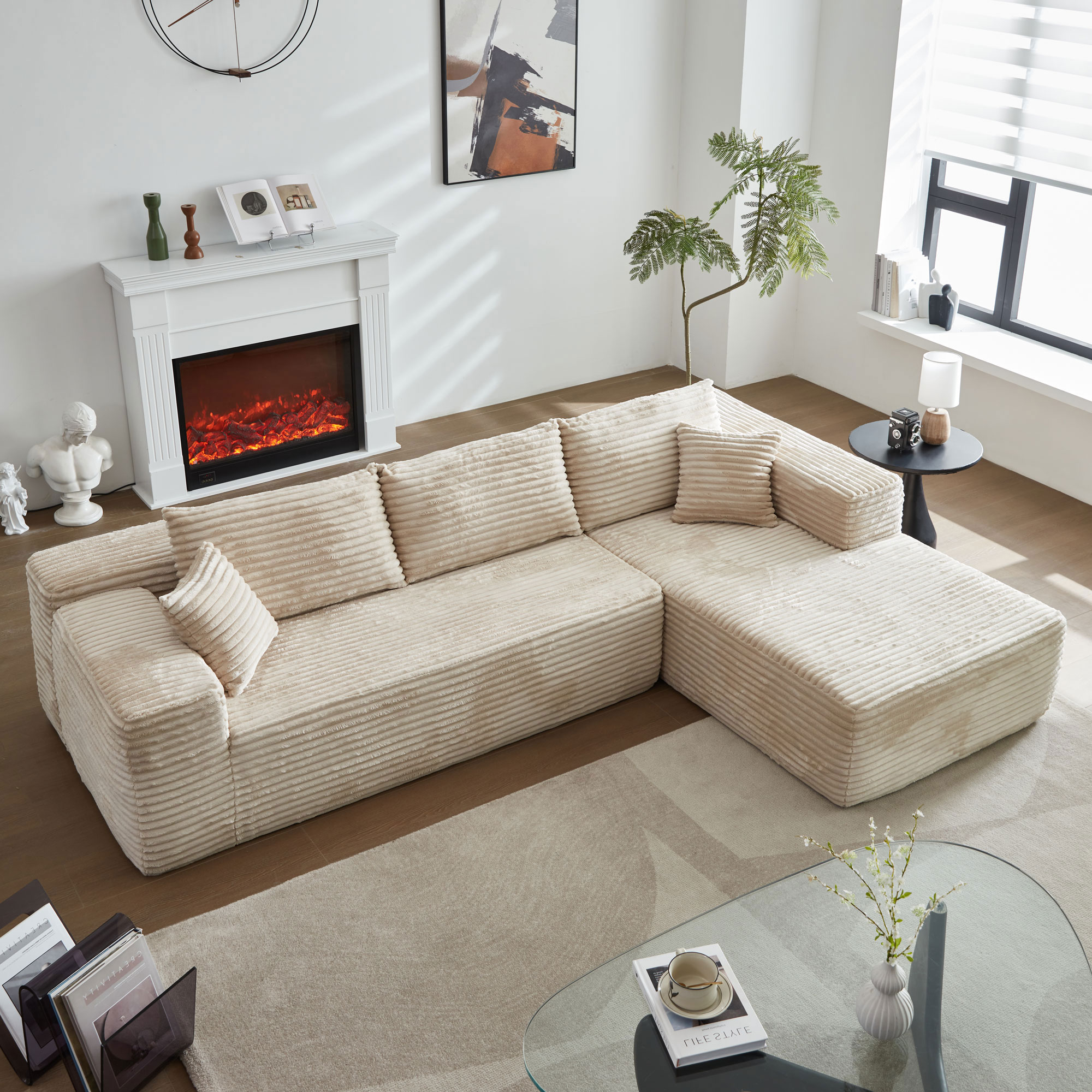 Ovios OVIVIR240 104.3-in Casual Off White(Plush Corduroy)-Right Chaise Sectional