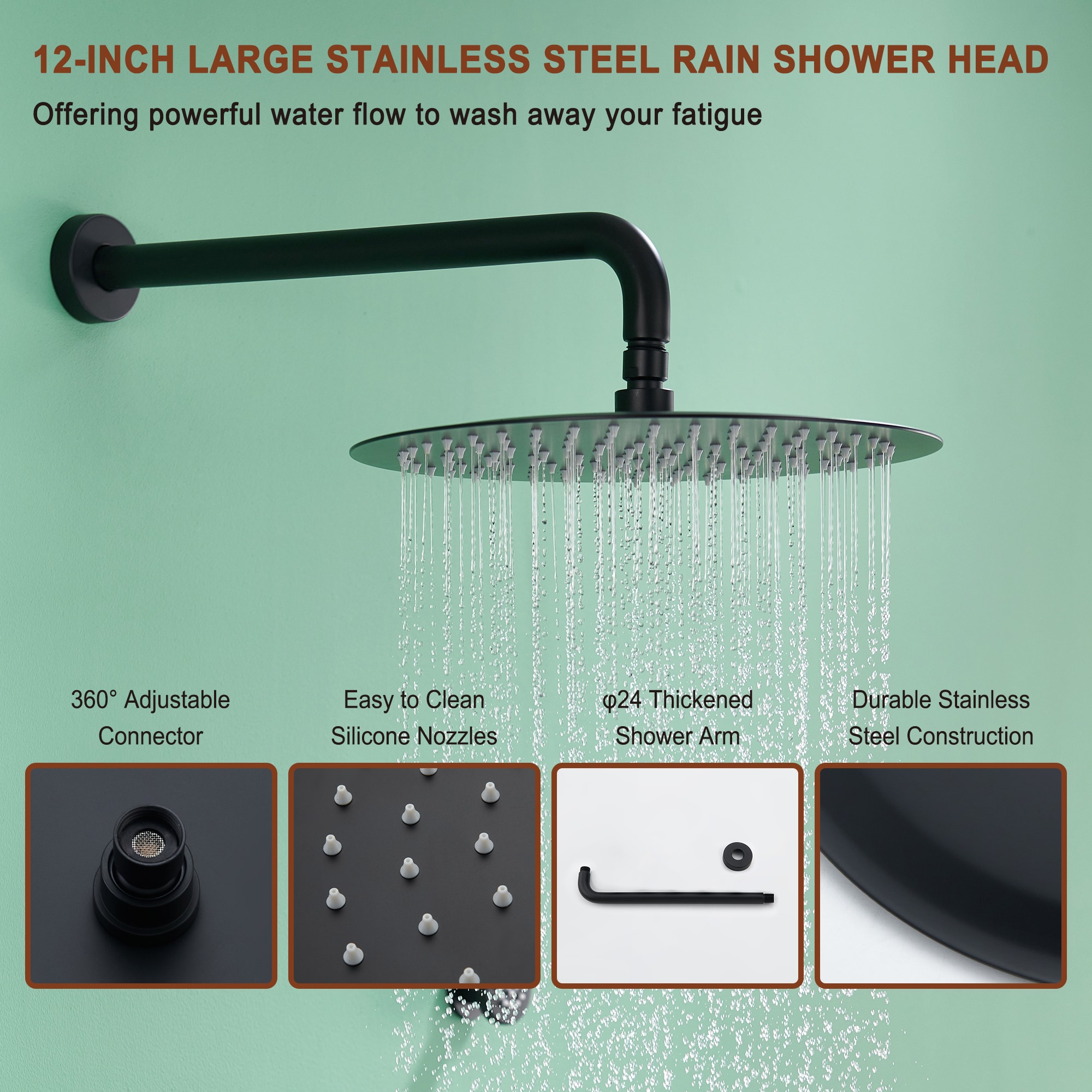 Mondawe Matte Black 12-in Built-In Shower Faucet System With 3-way ...