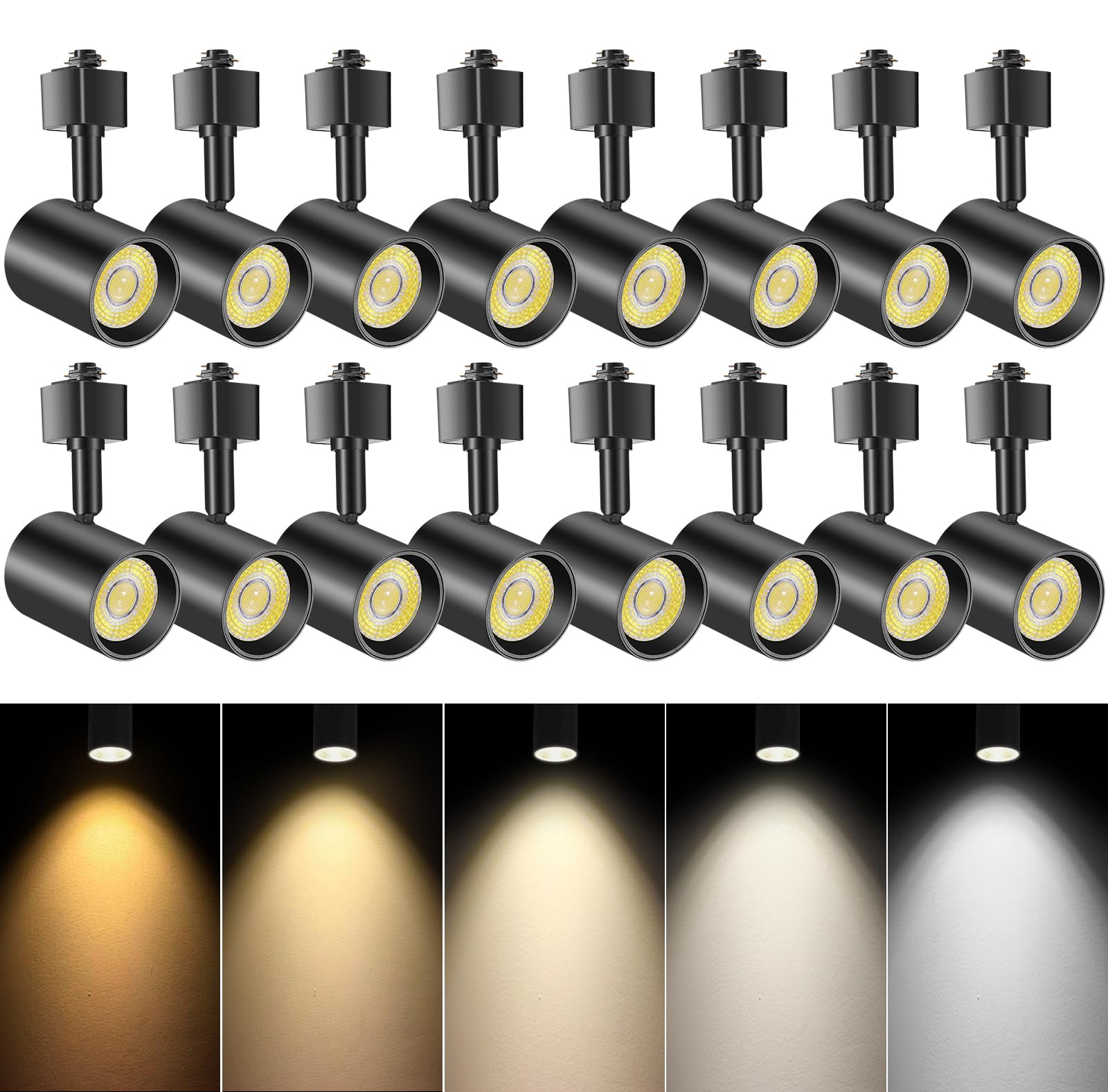 Phewnyzo  16 pack LED track lighting heads H type dimmable adjustable 5 color temperature 10W 800 lumens CRI90 flicker free black for home office
