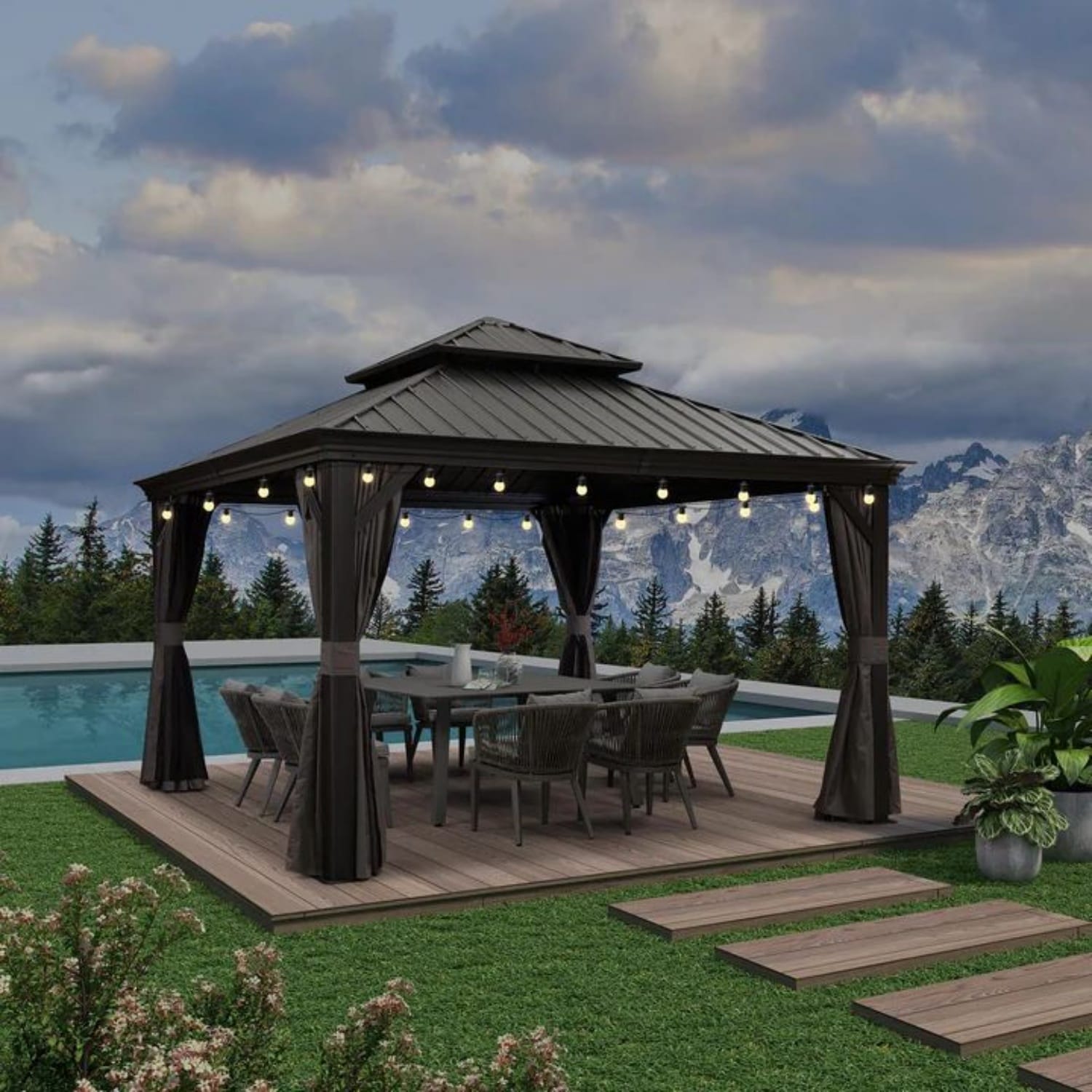 PURPLE LEAF LS04GHTG1212PD5 12-ft x 12-ft Hardtop Gazebo Gray Gazebo with Hardtop Roof (Screen Included)