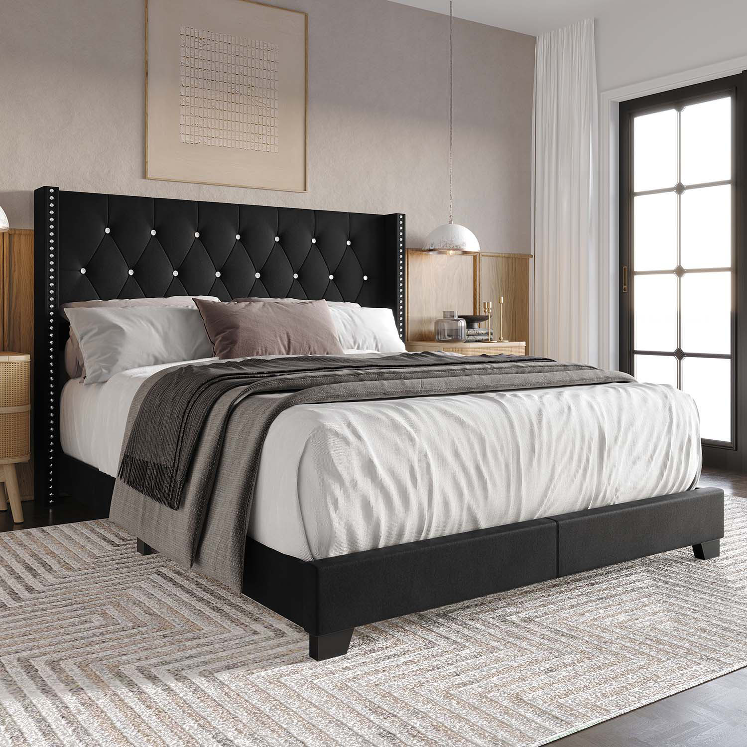 CasePiece C8403TUB-BK-VV Black Twin Wood Upholstered Bed