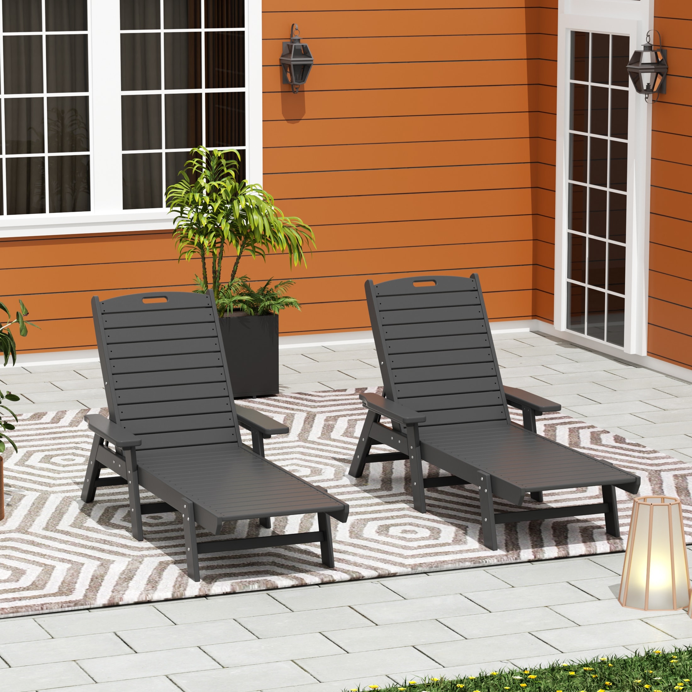 Gray 78" HDPE Adjustable Outdoor Chaise Lounge with Arms