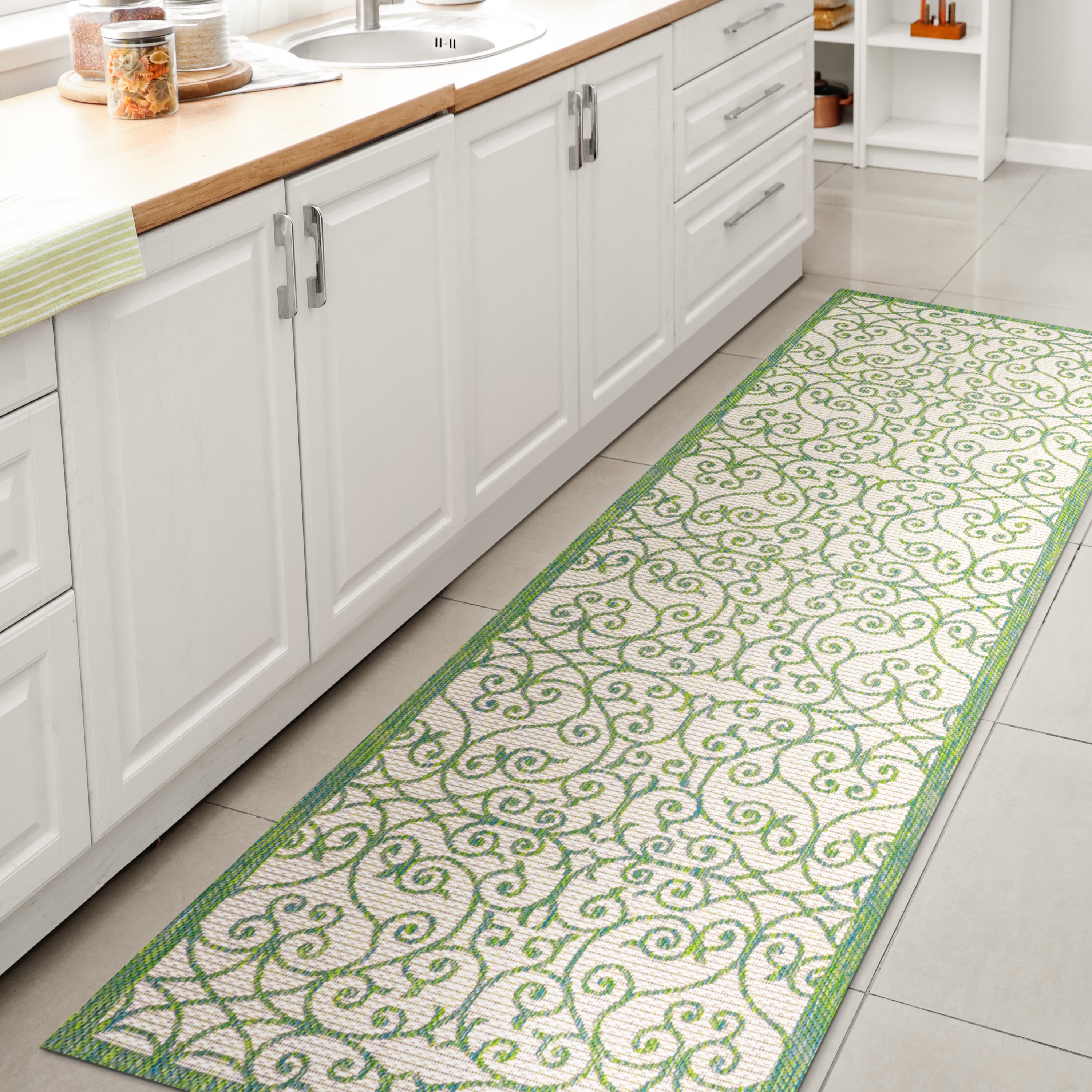 JONATHAN  Y SMB107J-28 Santa Monica Madrid Filigree Textured Weave 2 x 8 (ft) Loomed Polypropylene Cream/Green Rectangular Indoor/Outdoor Border French Country Runner rug
