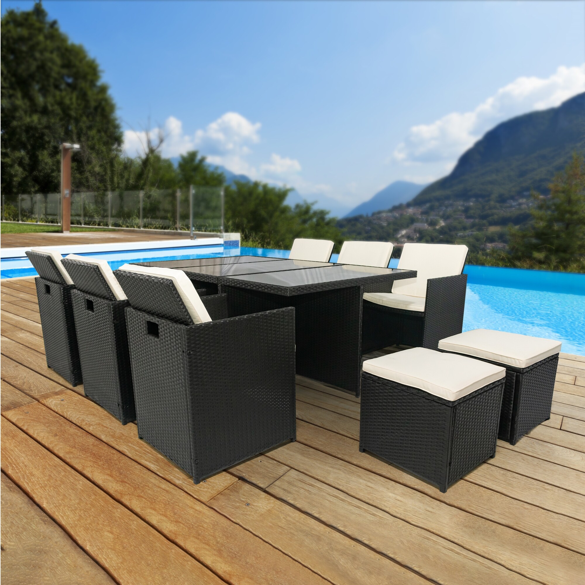 Nestfair PD20016B 11 -Piece Black Wicker Patio Dining Set Wicker Rectangle Table with 6 Off-white Cushions Stackable Stationary Chairs